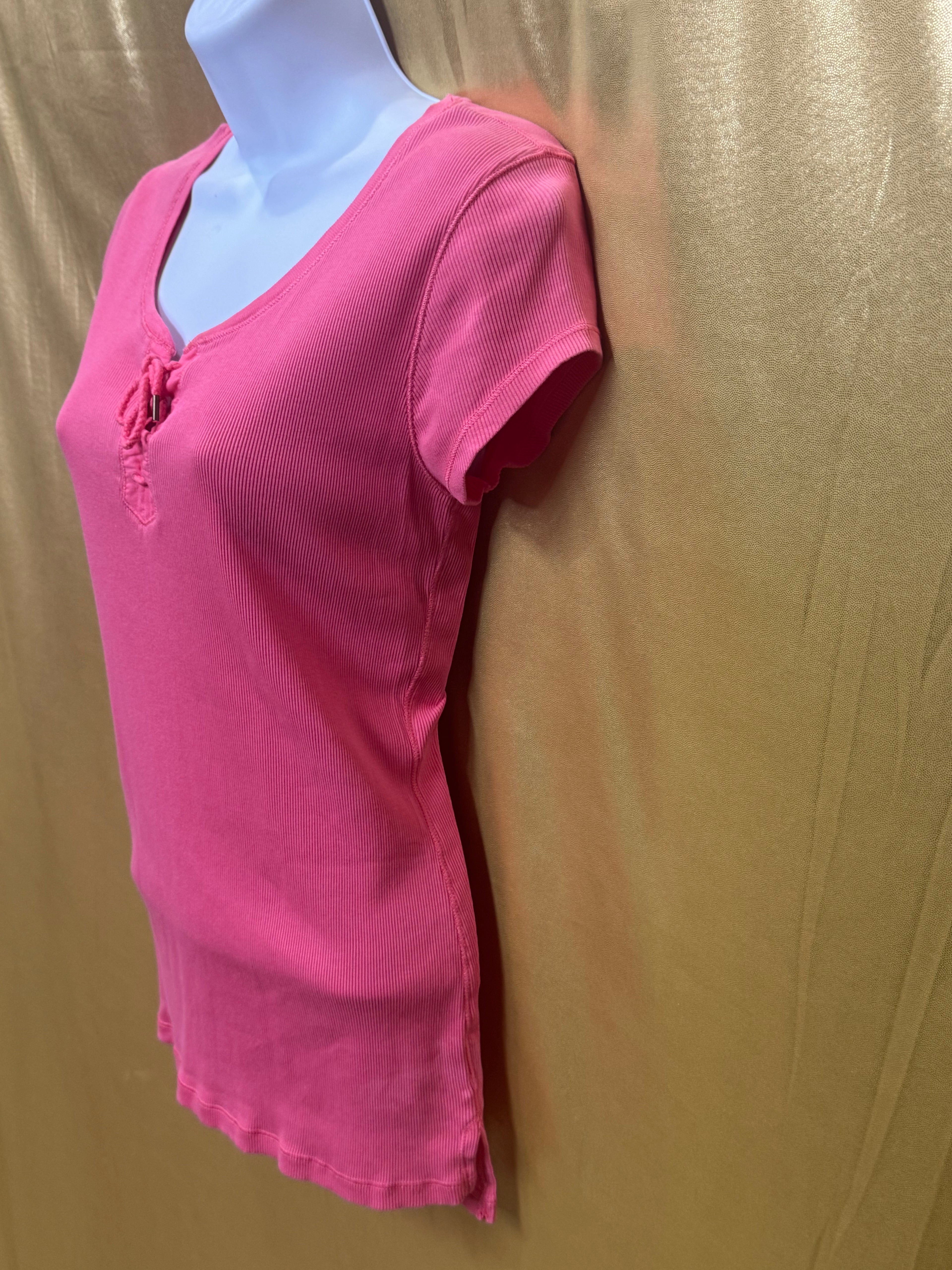 Lauren Ralph Lauren Pink Ribbed Lace-Up Tee Size Small 100% Cotton
