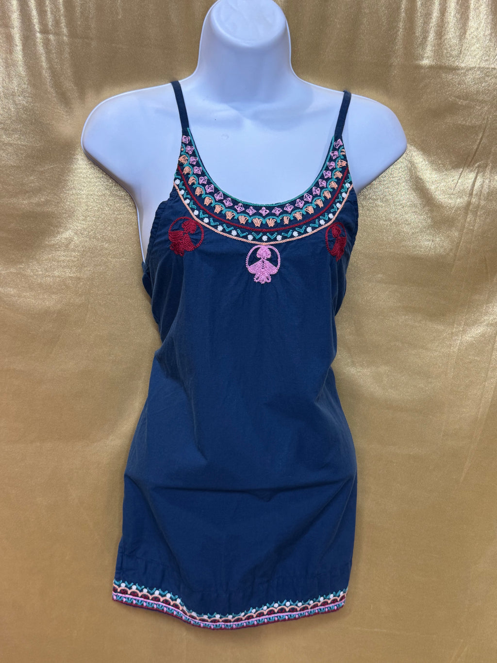 Earthbound Trading Co. Boho Embroidered Navy Long Tank Top | Size S