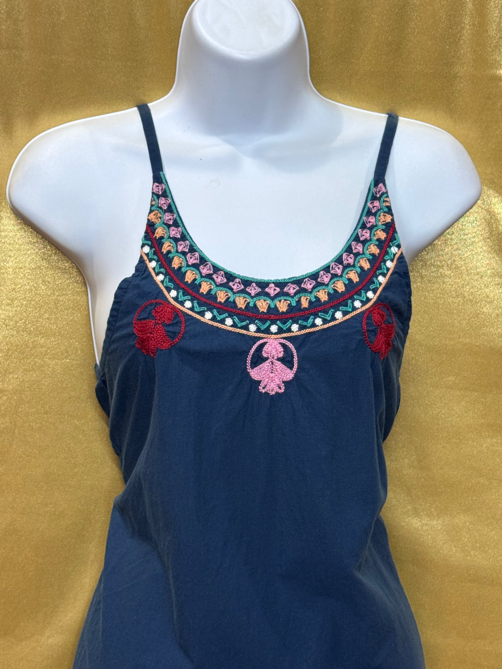 Earthbound Trading Co. Boho Embroidered Navy Long Tank Top | Size S