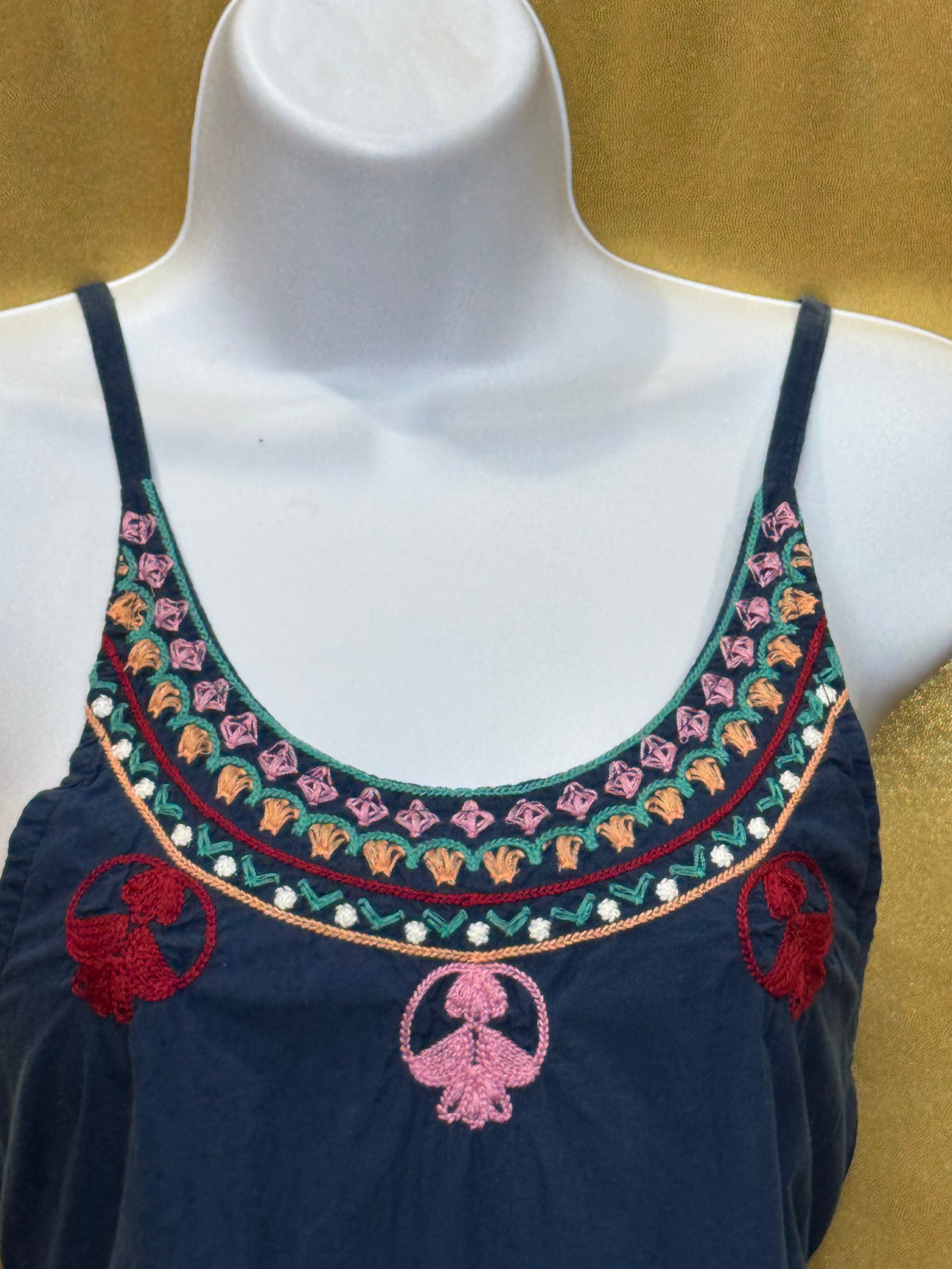 Earthbound Trading Co. Boho Embroidered Navy Long Tank Top | Size S