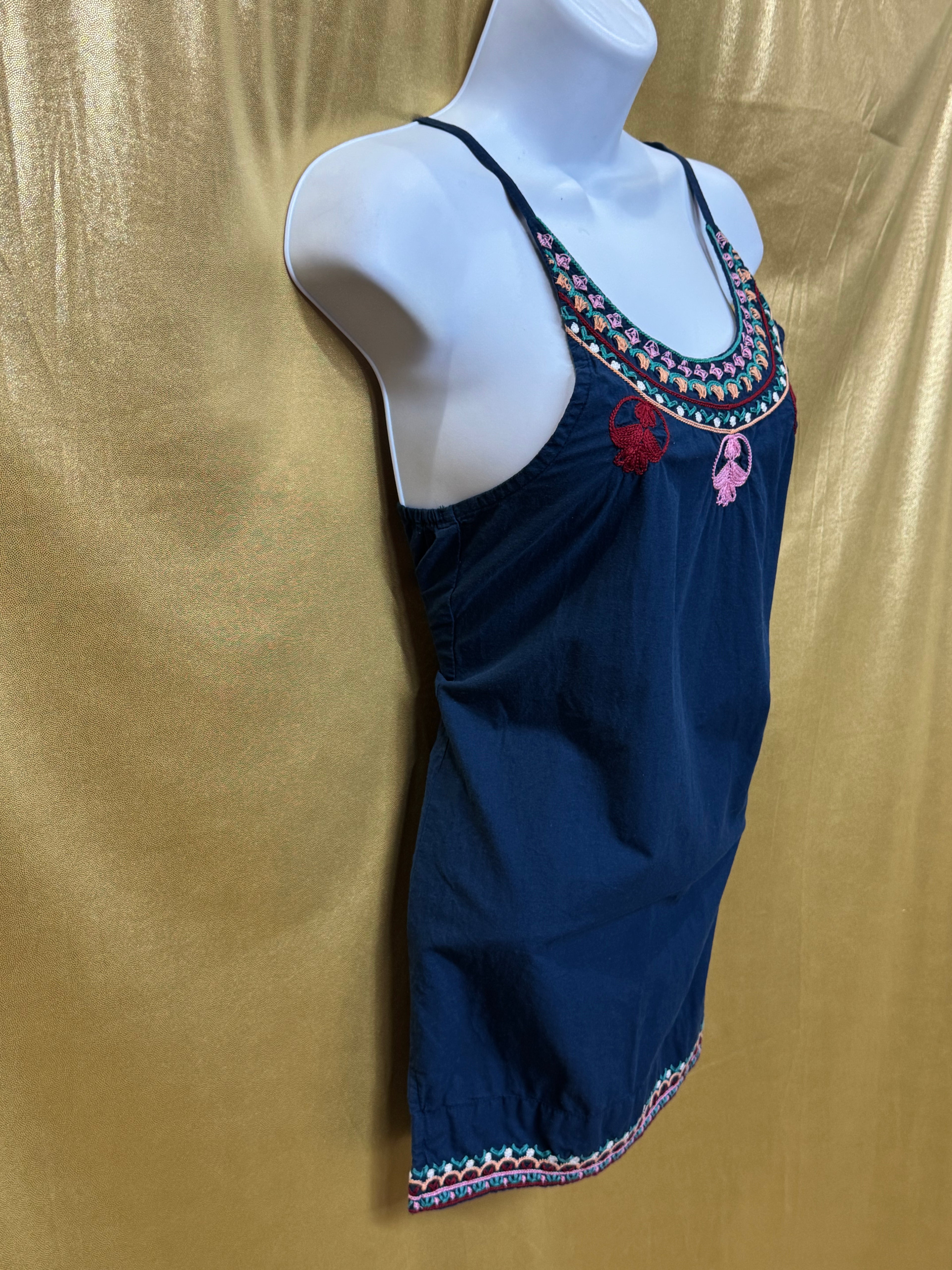 Earthbound Trading Co. Boho Embroidered Navy Long Tank Top | Size S