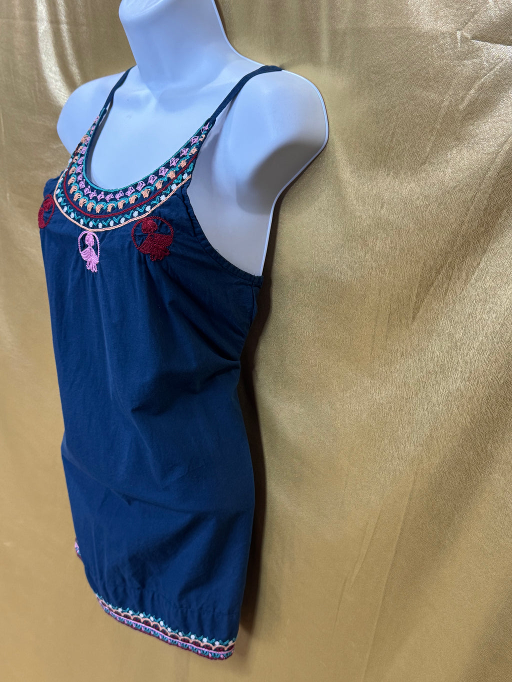 Earthbound Trading Co. Boho Embroidered Navy Long Tank Top | Size S