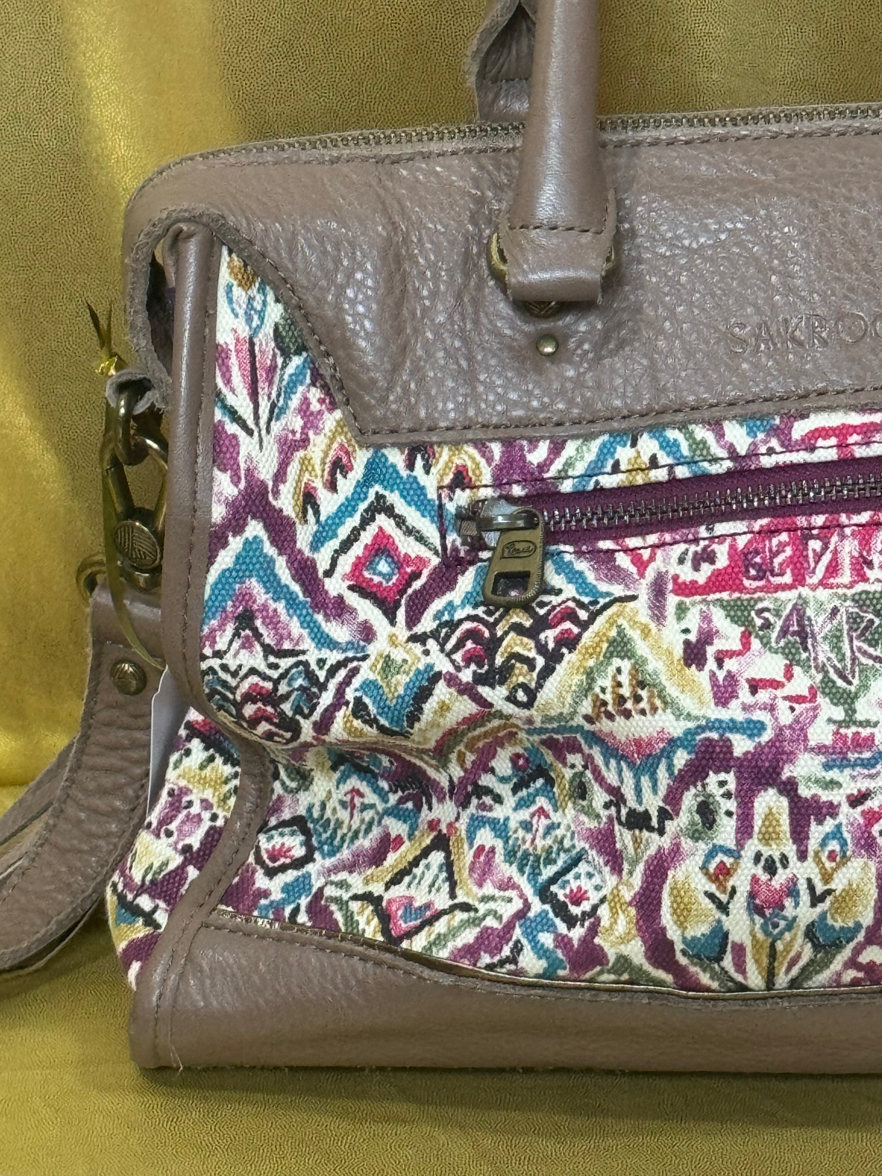 Sakroots Boho Geometric Ikat Satchel & Crossbody Bag – Earthy Brown Leather Trim