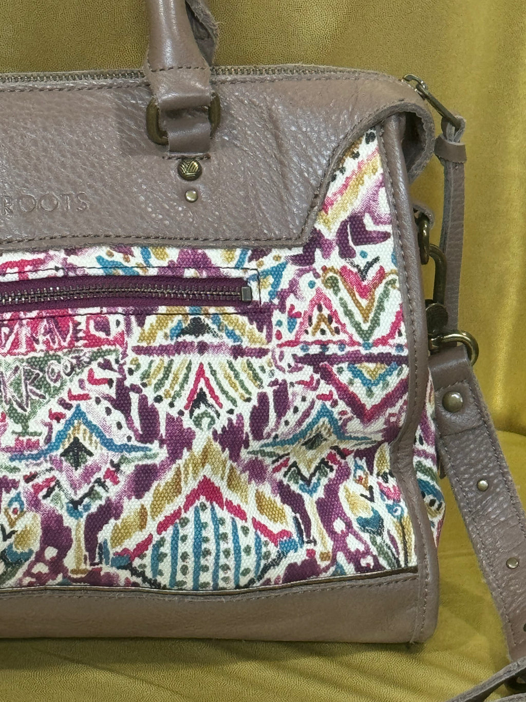 Sakroots Boho Geometric Ikat Satchel & Crossbody Bag – Earthy Brown Leather Trim