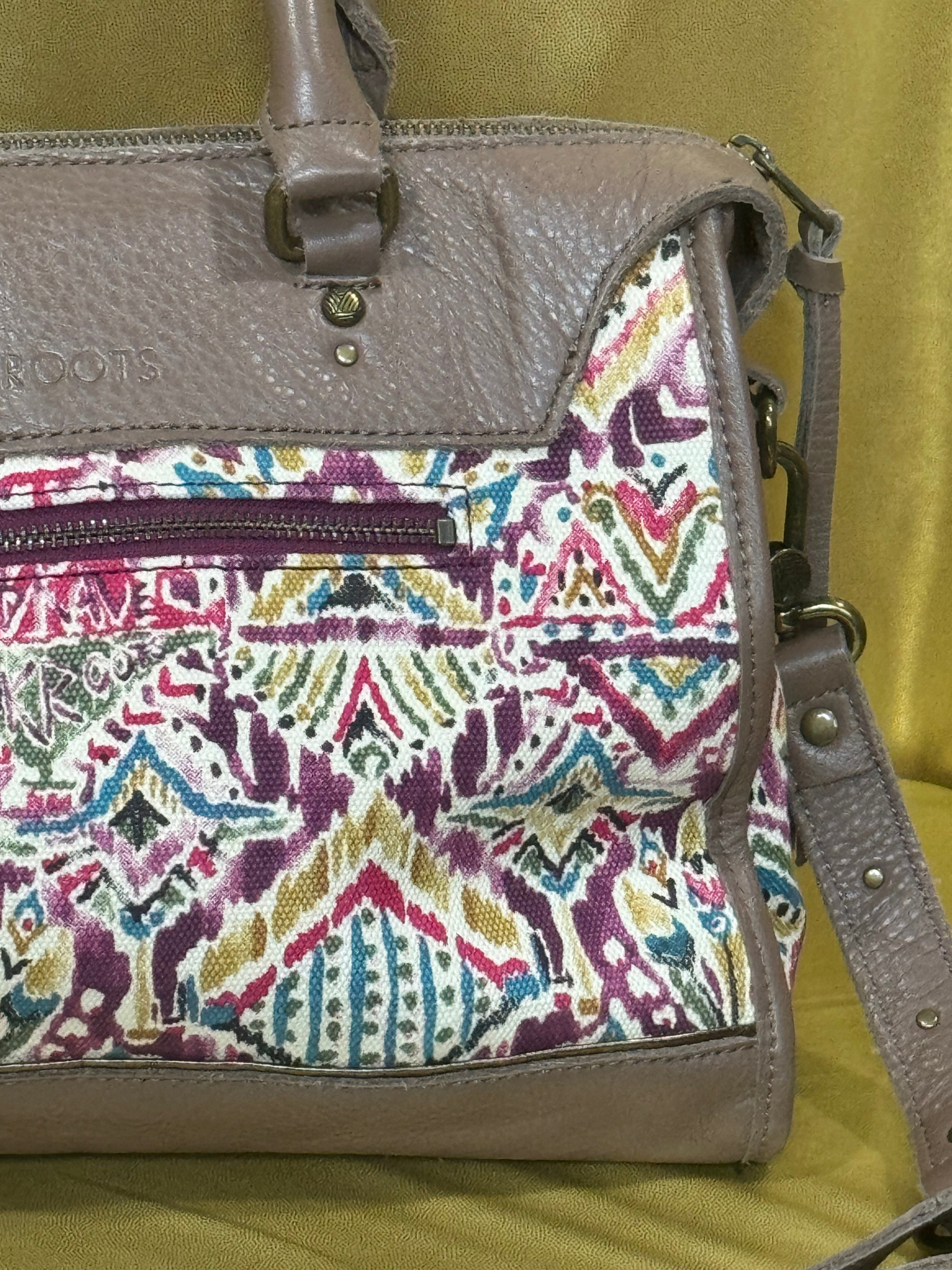 Sakroots Boho Geometric Ikat Satchel & Crossbody Bag – Earthy Brown Leather Trim