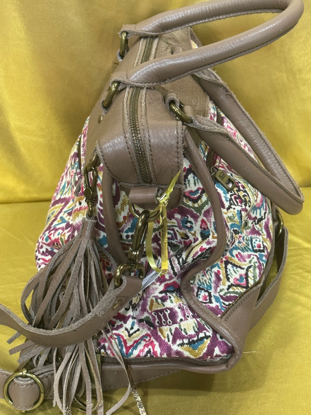 Sakroots Boho Geometric Ikat Satchel & Crossbody Bag – Earthy Brown Leather Trim