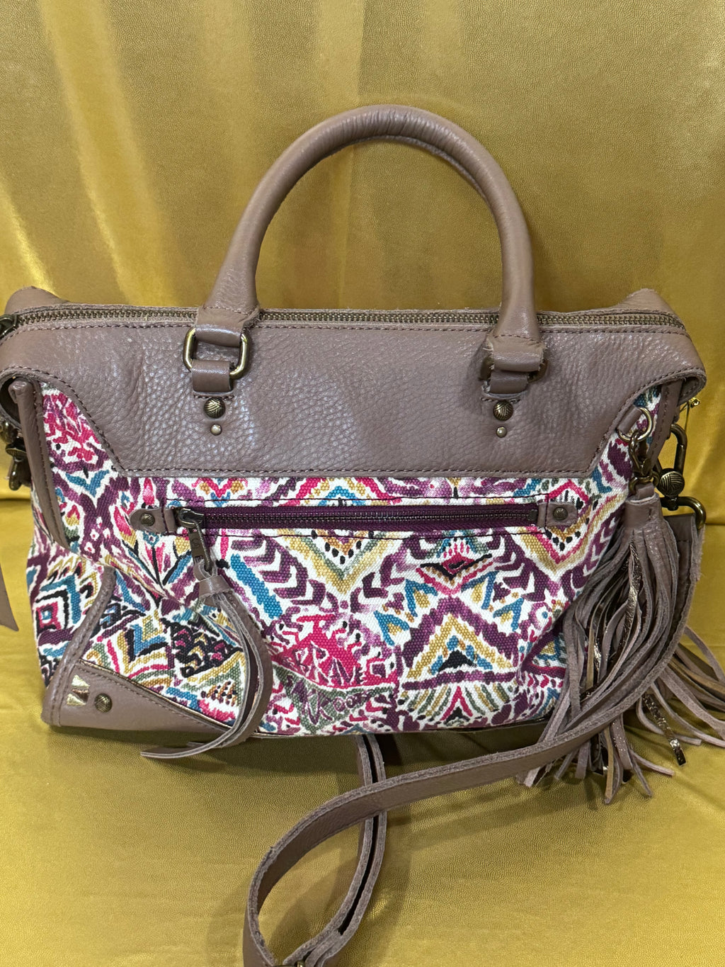 Sakroots Boho Geometric Ikat Satchel & Crossbody Bag – Earthy Brown Leather Trim