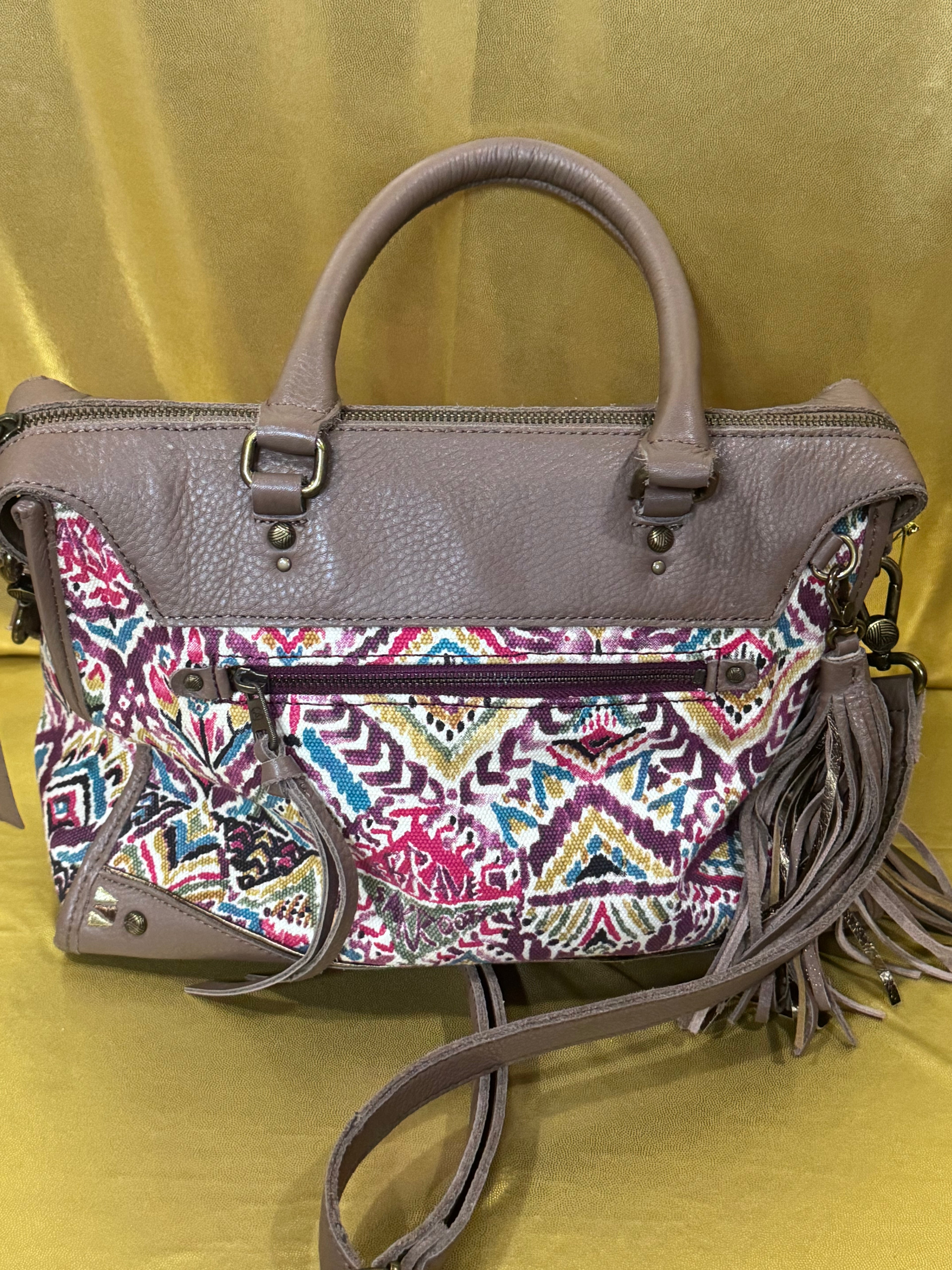 Sakroots Boho Geometric Ikat Satchel & Crossbody Bag – Earthy Brown Leather Trim