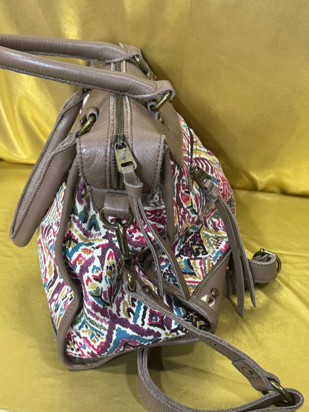 Sakroots Boho Geometric Ikat Satchel & Crossbody Bag – Earthy Brown Leather Trim