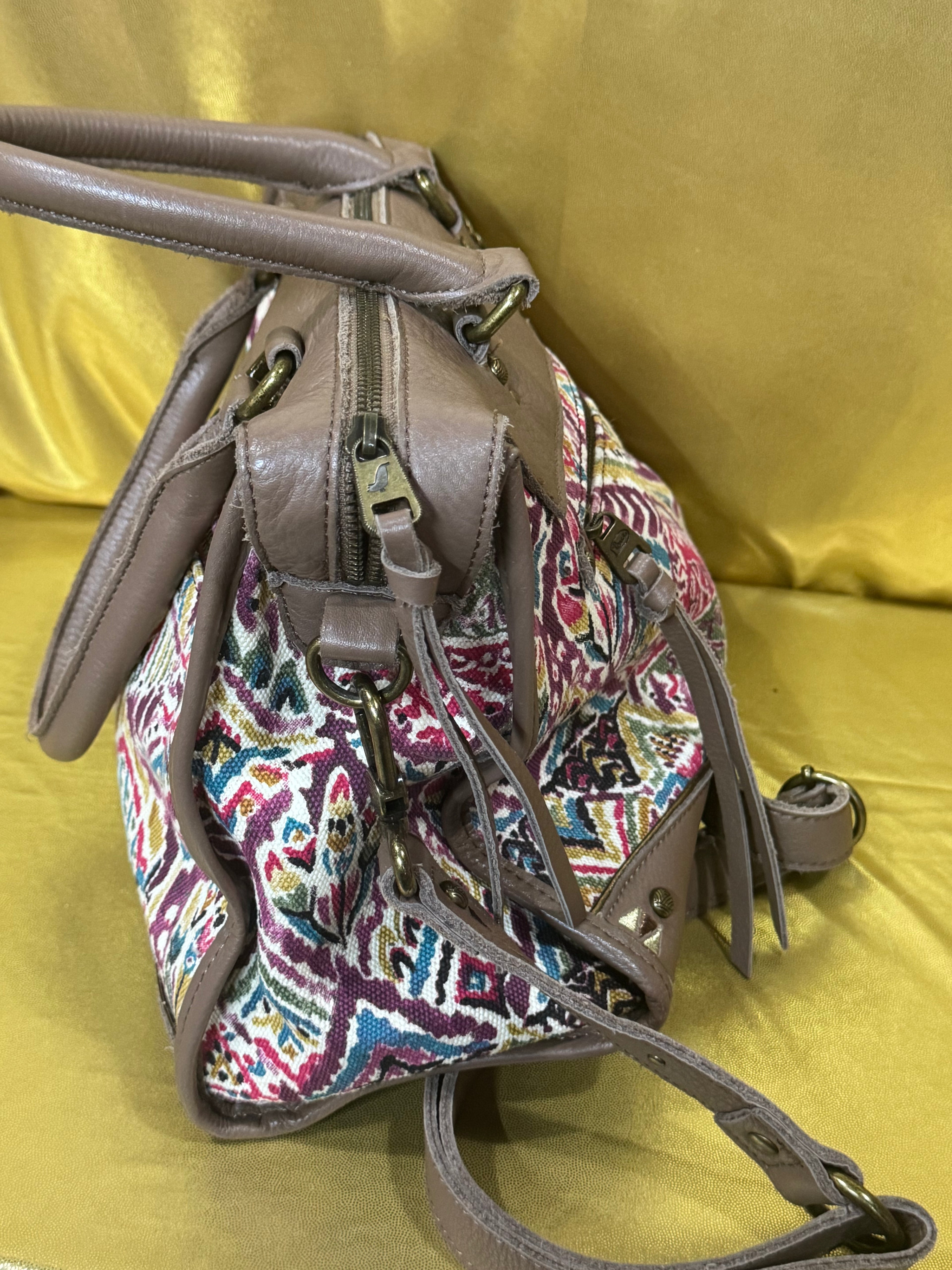 Sakroots Boho Geometric Ikat Satchel & Crossbody Bag – Earthy Brown Leather Trim