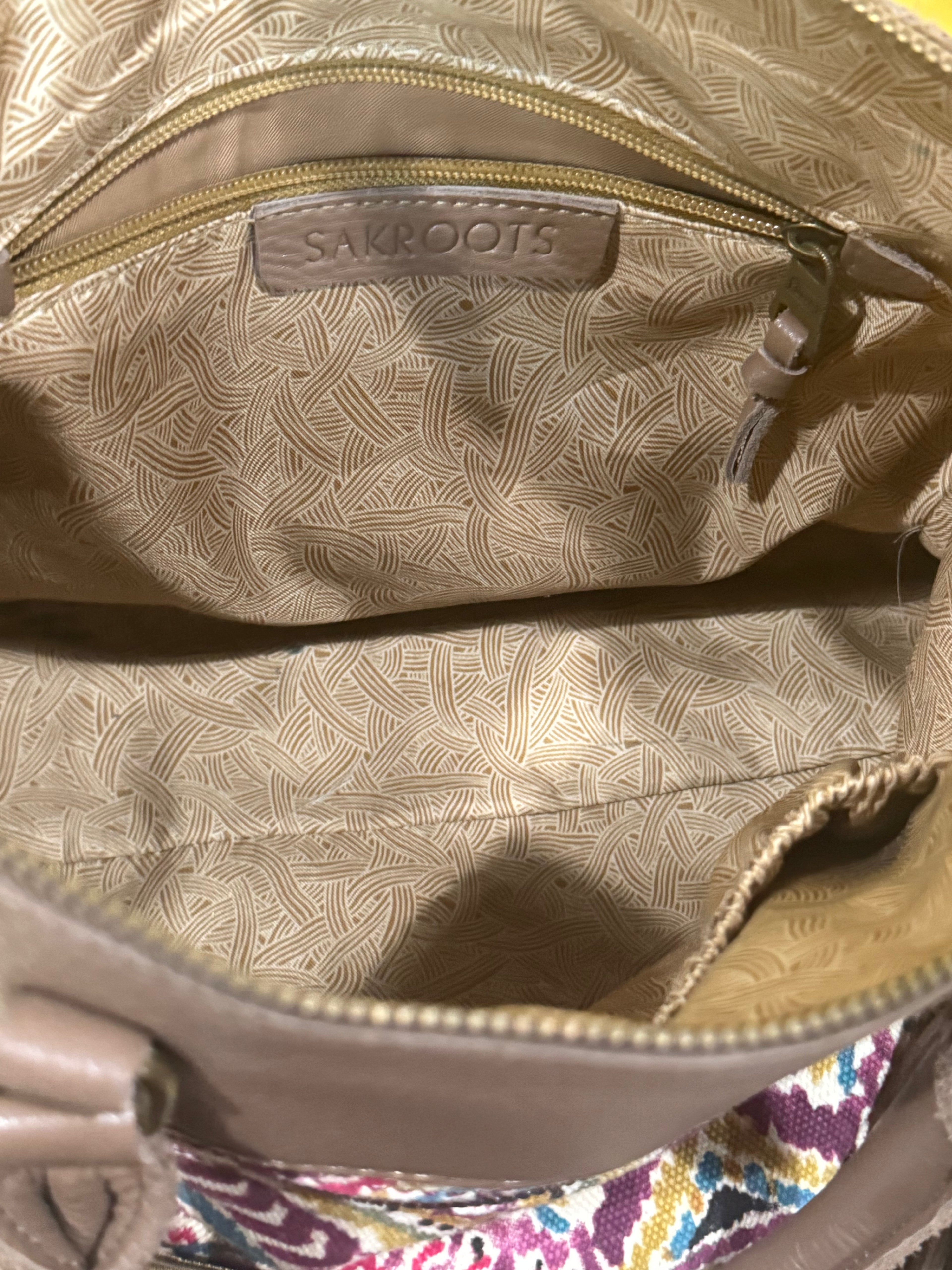 Sakroots Boho Geometric Ikat Satchel & Crossbody Bag – Earthy Brown Leather Trim