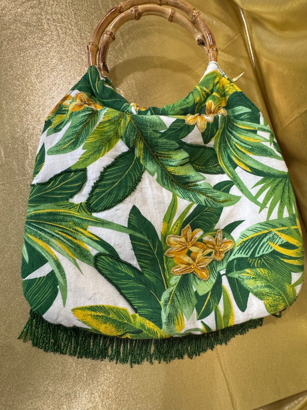 Vintage ELKA Miami Friday Tropical Beaded Fringe Bamboo Handle Bag