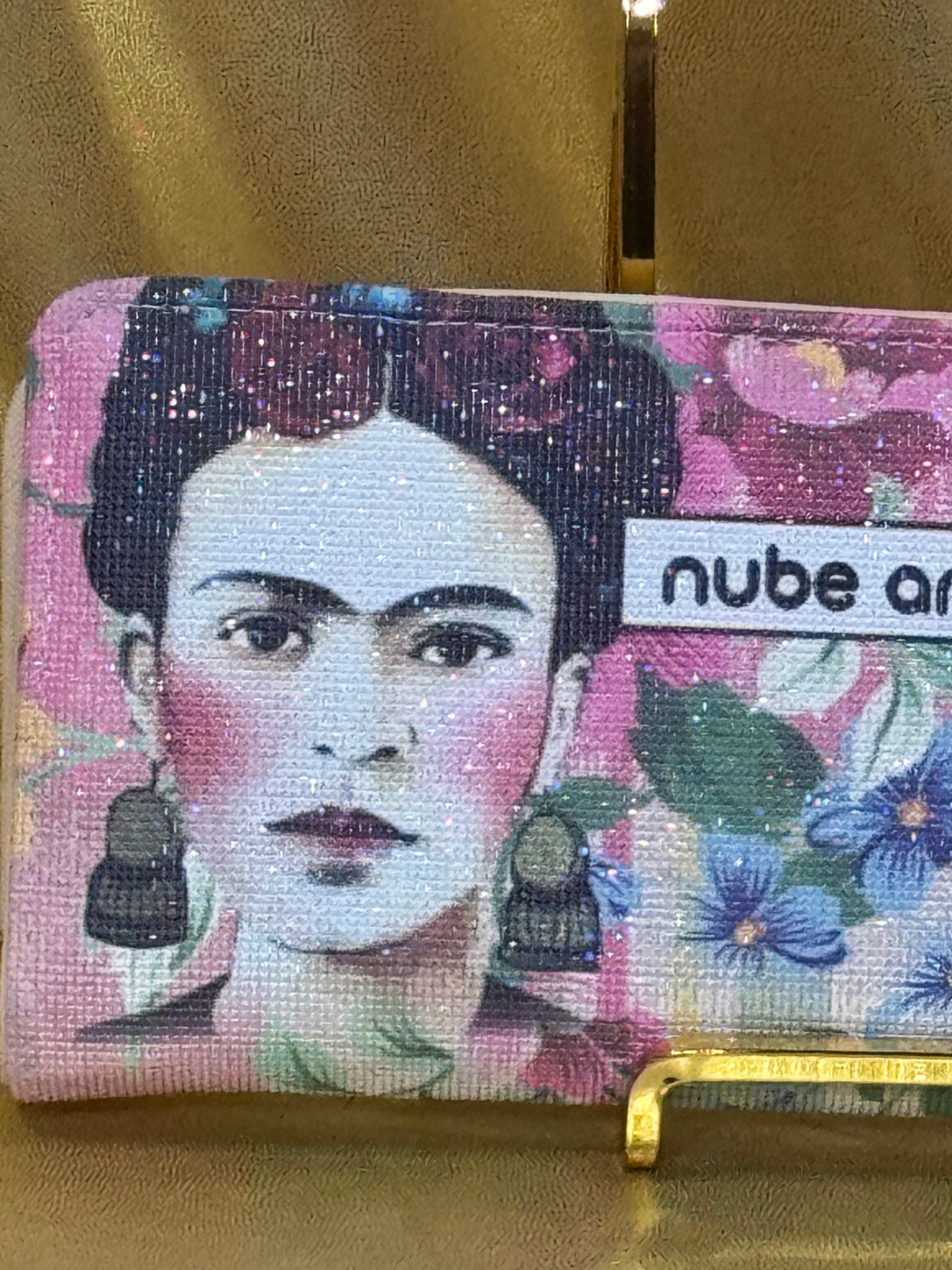 🎨 Nube Art Frida Kahlo Floral Wallet – Pink Glitter Canvas Clutch