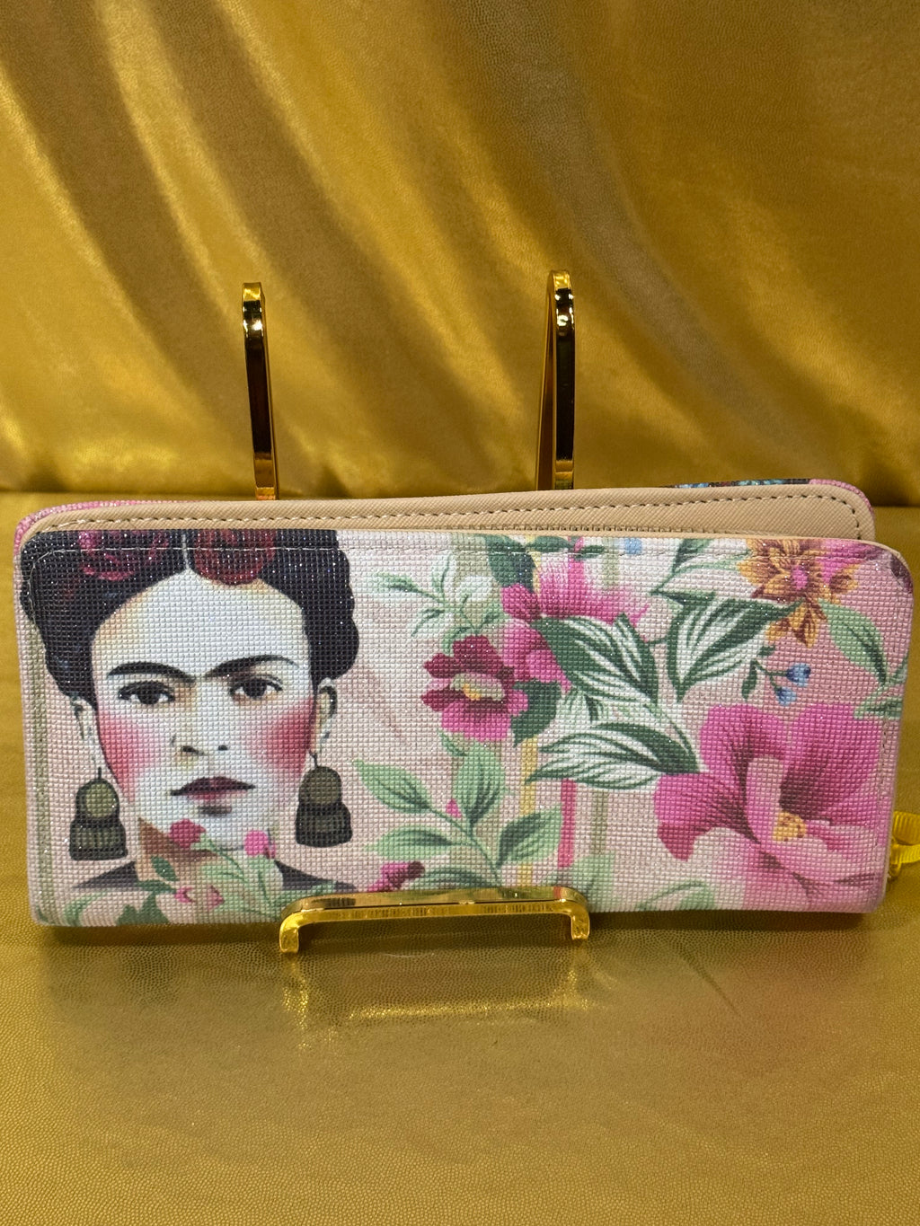 🎨 Nube Art Frida Kahlo Floral Wallet – Pink Glitter Canvas Clutch