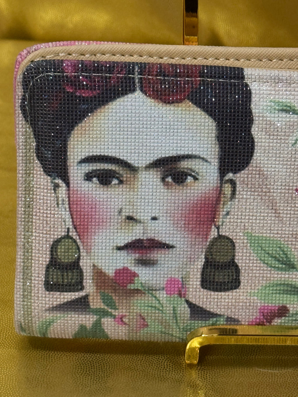 🎨 Nube Art Frida Kahlo Floral Wallet – Pink Glitter Canvas Clutch