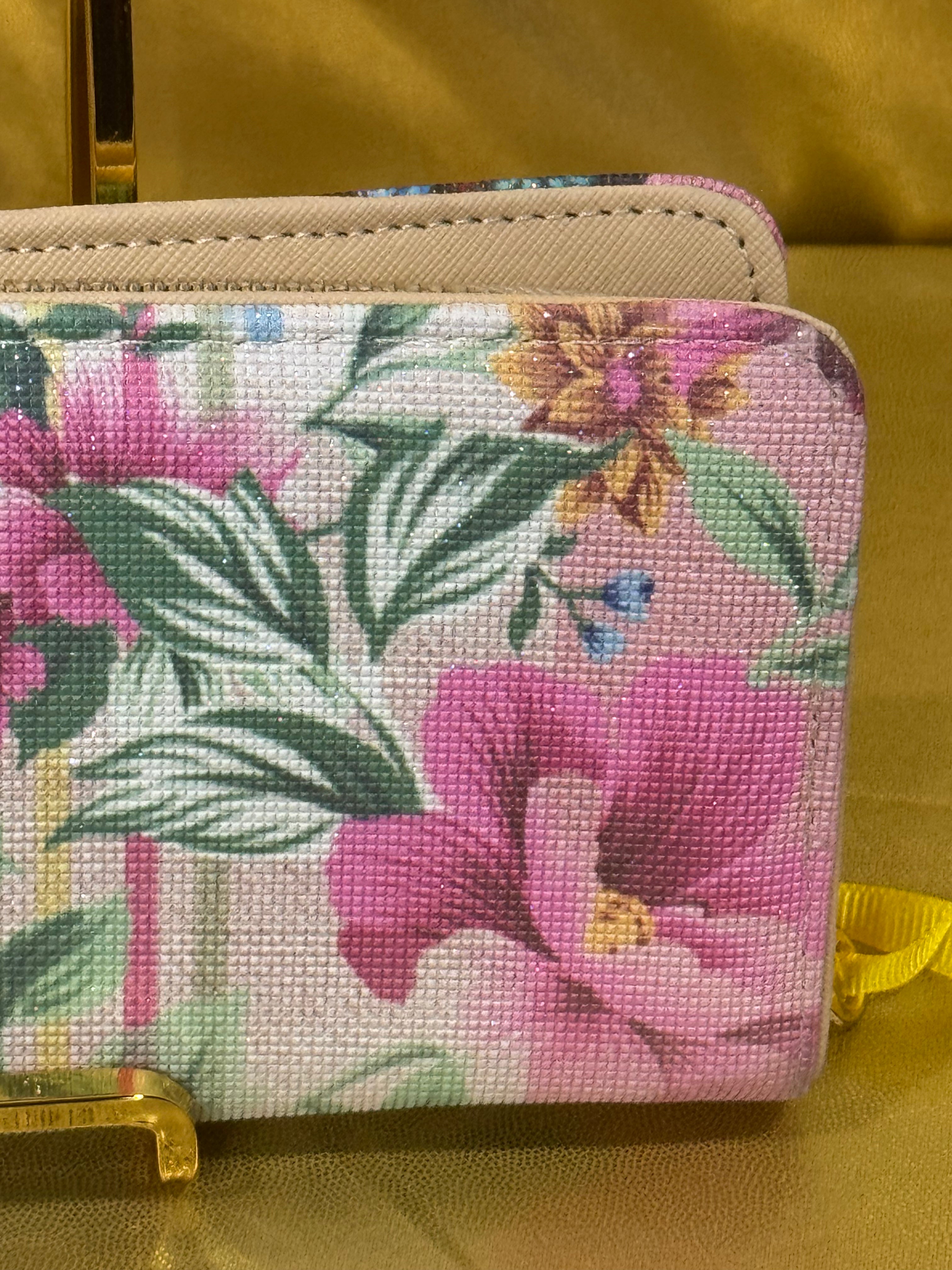 🎨 Nube Art Frida Kahlo Floral Wallet – Pink Glitter Canvas Clutch