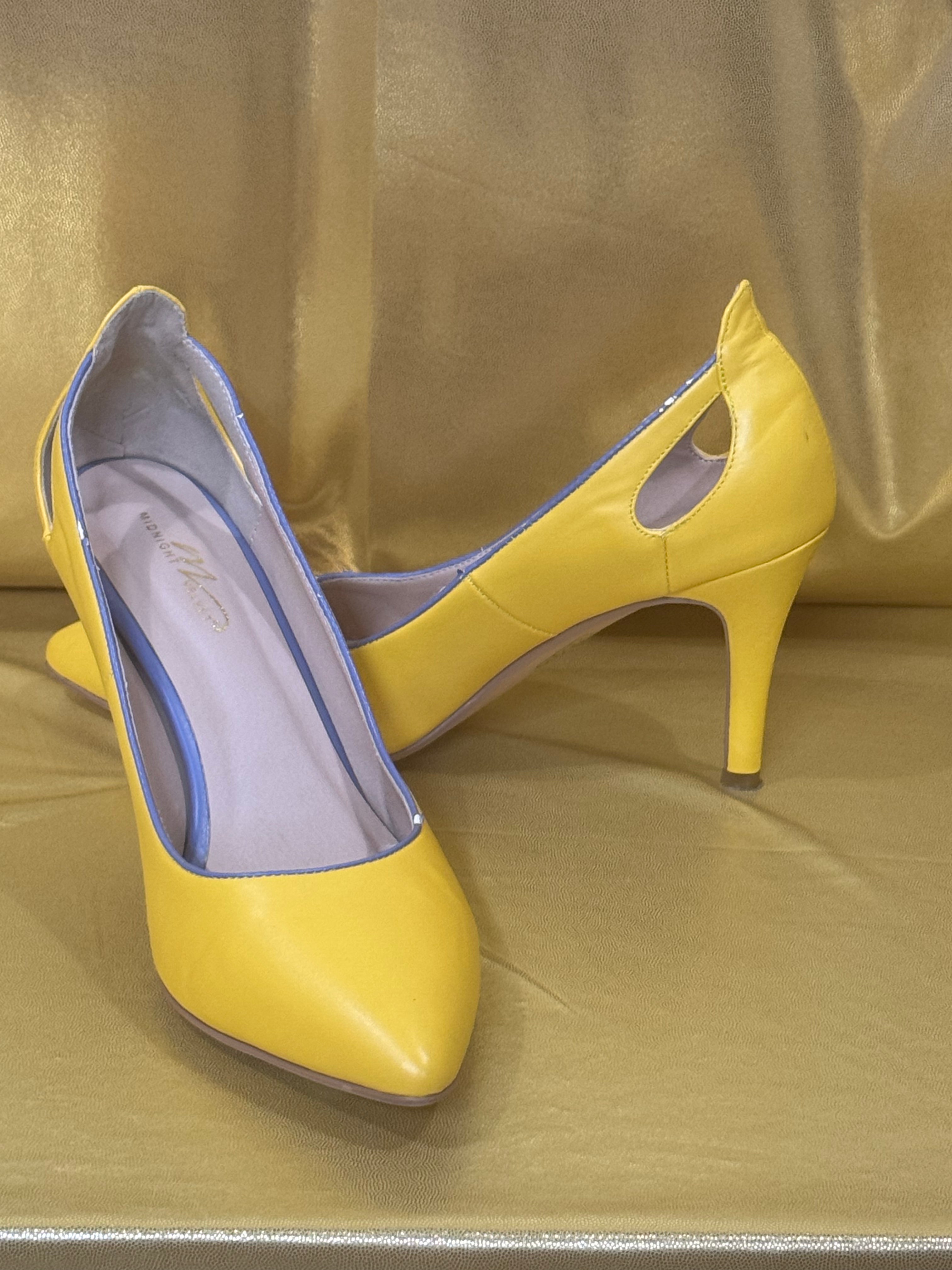🌟 Pop of Color: Midnight Velvet Yellow Cut-Out Heels