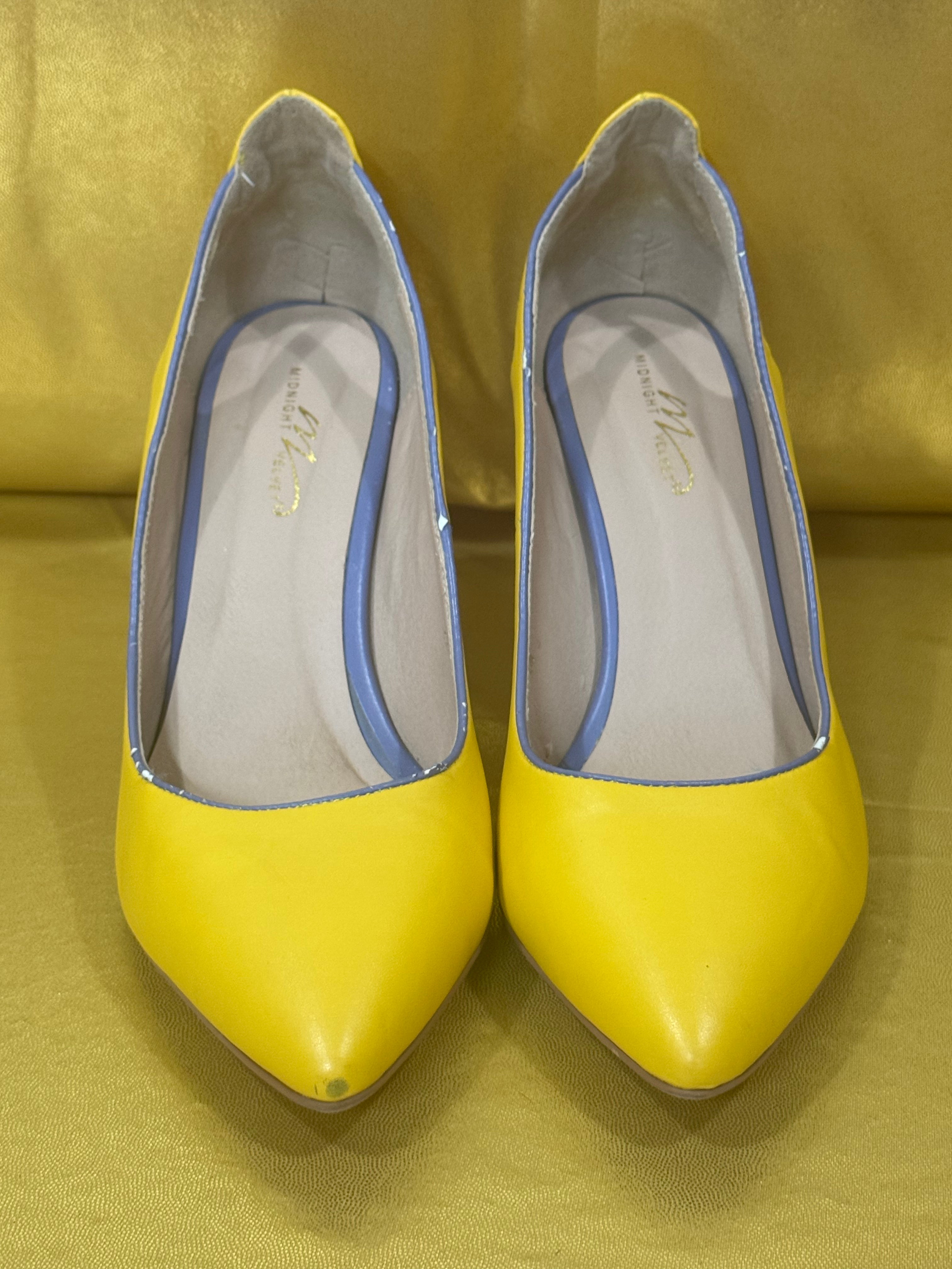 🌟 Pop of Color: Midnight Velvet Yellow Cut-Out Heels