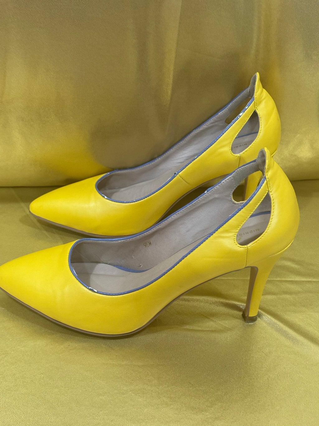 🌟 Pop of Color: Midnight Velvet Yellow Cut-Out Heels