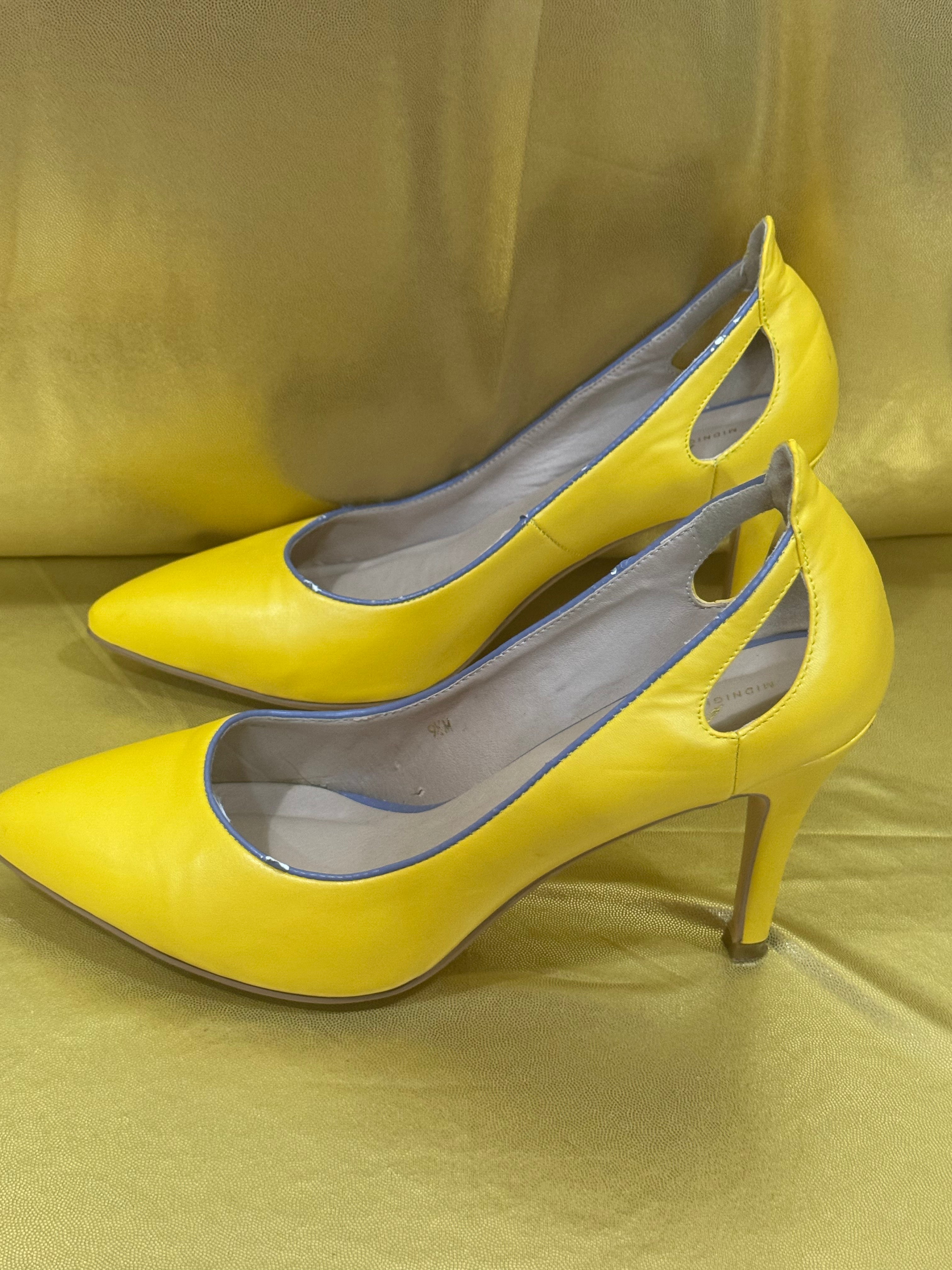 🌟 Pop of Color: Midnight Velvet Yellow Cut-Out Heels