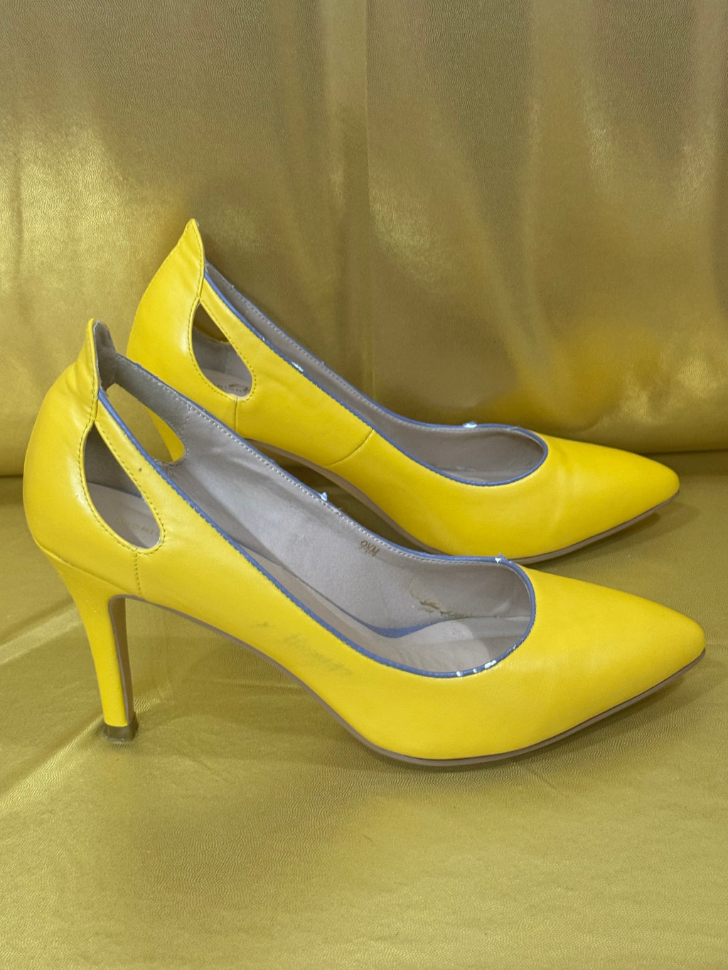 🌟 Pop of Color: Midnight Velvet Yellow Cut-Out Heels