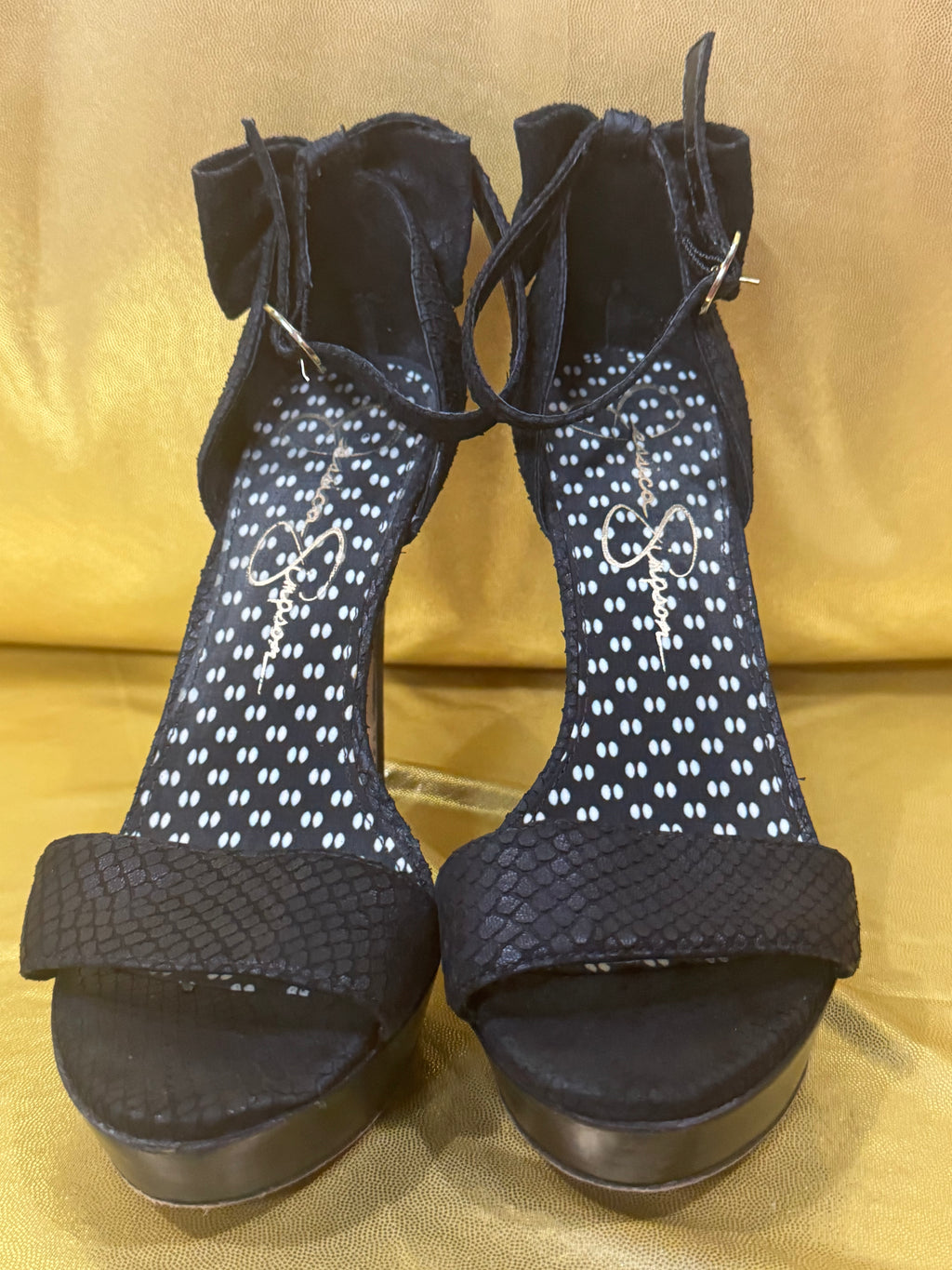 ✨ Jessica Simpson Size 7.5 Black Snake-Textured Platform Bow Heels ✨
