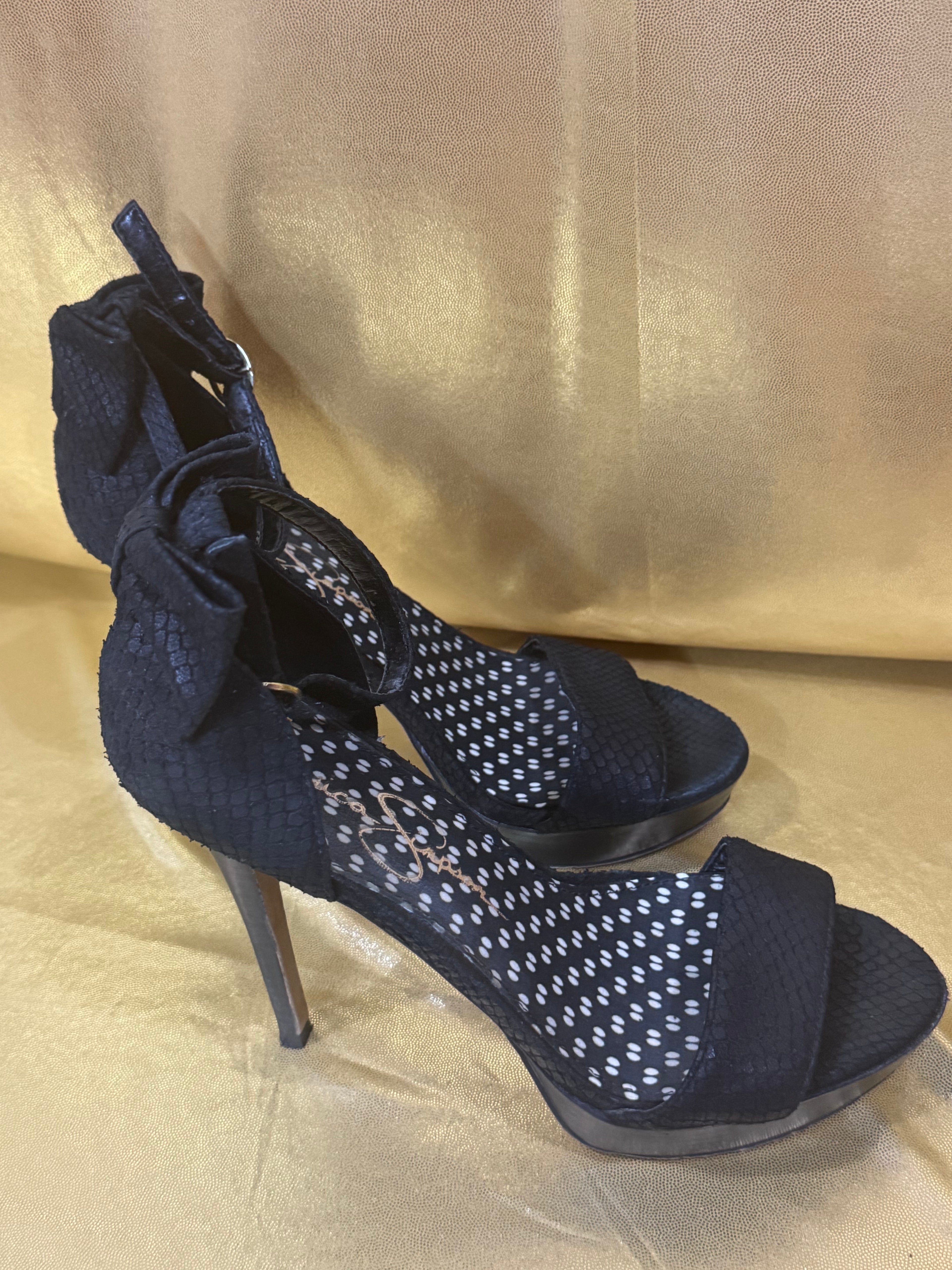 ✨ Jessica Simpson Size 7.5 Black Snake-Textured Platform Bow Heels ✨