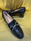 Adrienne Vittadini Black Leather Heeled Loafers with Silver Bit Detail - Size 7.5