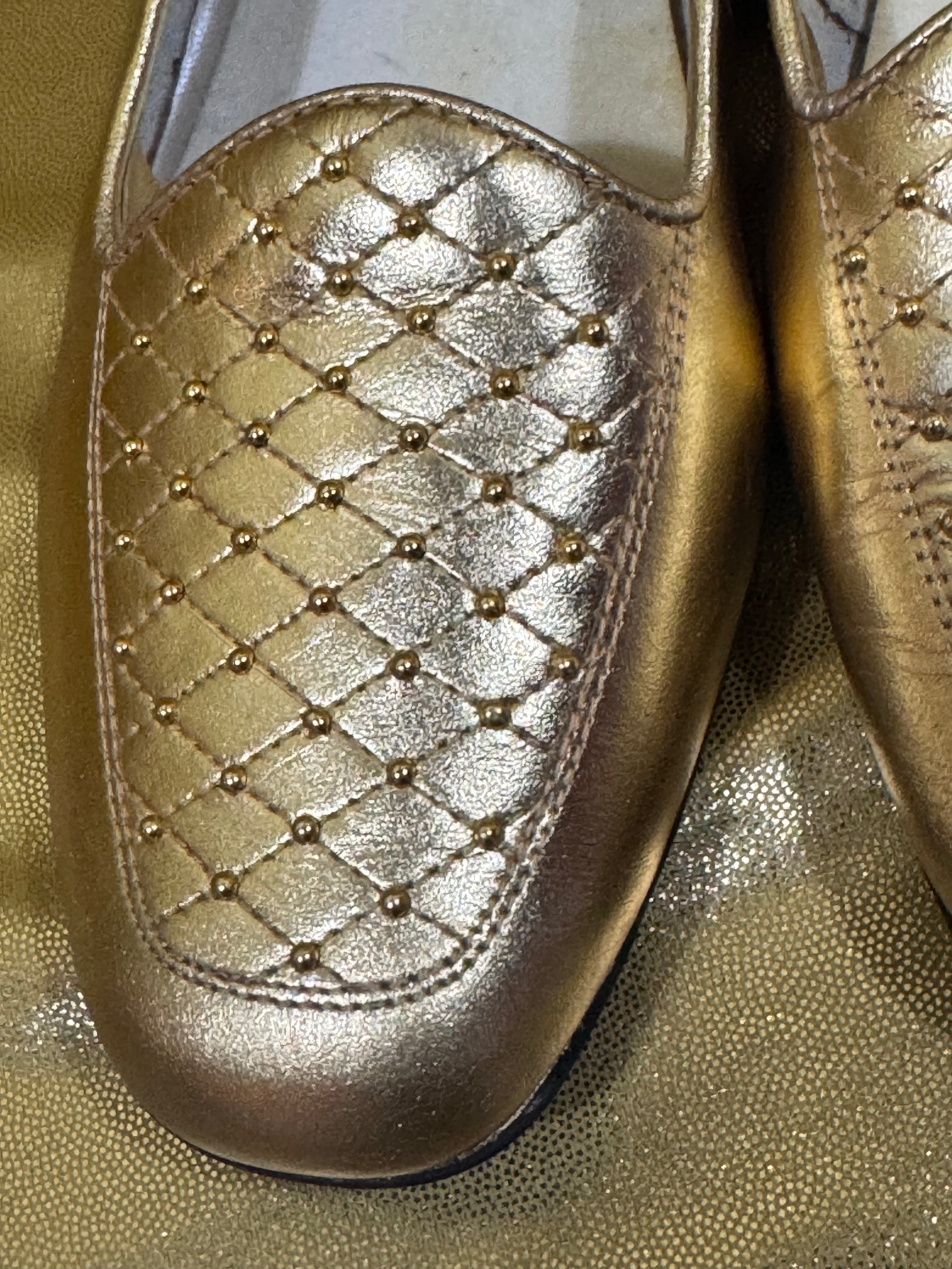 Easy Spirit Barbie Metallic Gold Quilted Leather Loafers - Size 6