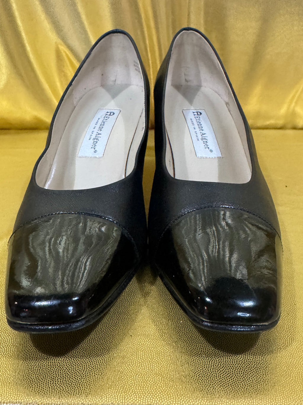Vintage Etienne Aigner Black Leather Patent Cap Toe Pumps - Size 11 M (Made in Spain)