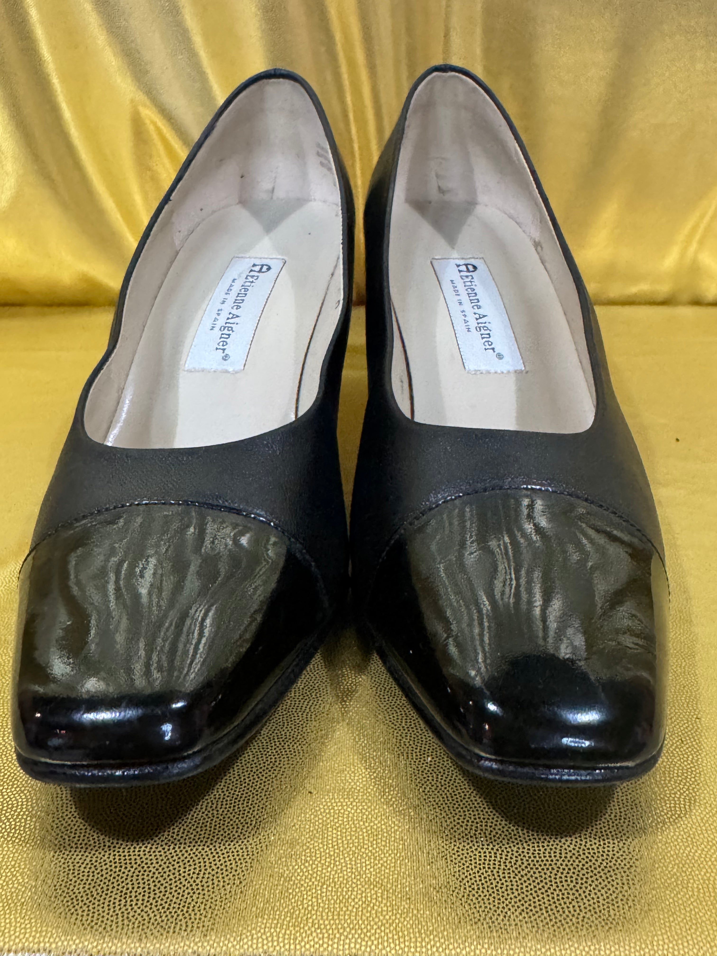 Vintage Etienne Aigner Black Leather Patent Cap Toe Pumps - Size 11 M (Made in Spain)