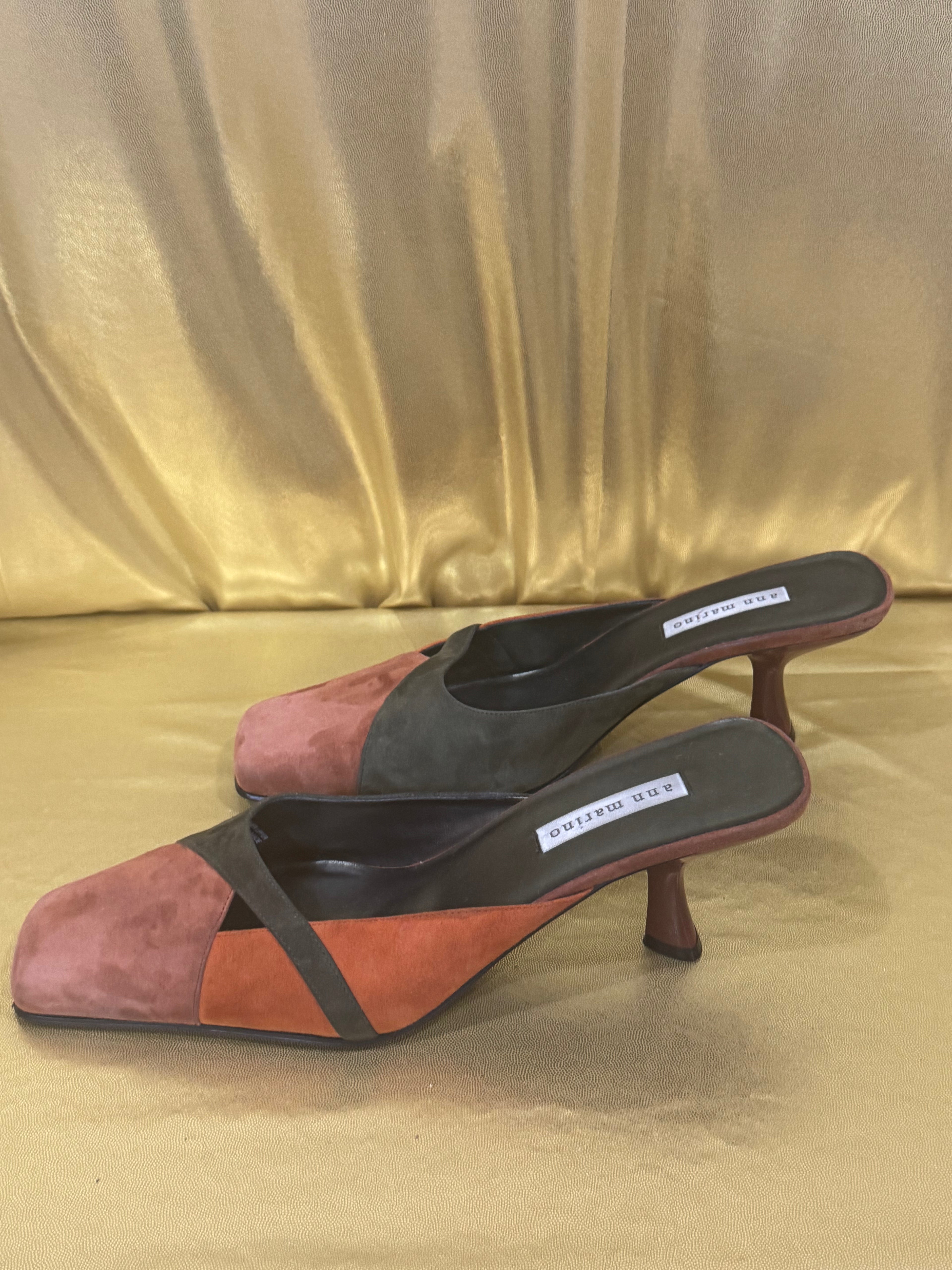 ✨ Ann Marino Vintage Two-Tone Suede Square Toe Kitten Heel Mules - Size 11M