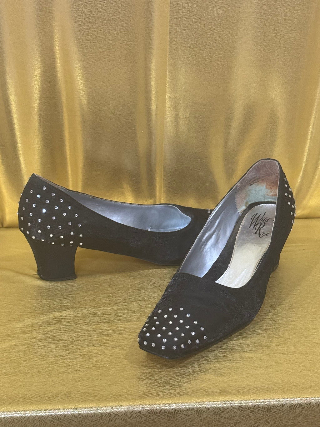 Wild Rose Black Satin Rhinestone Studded Block Heel Pumps Size 11