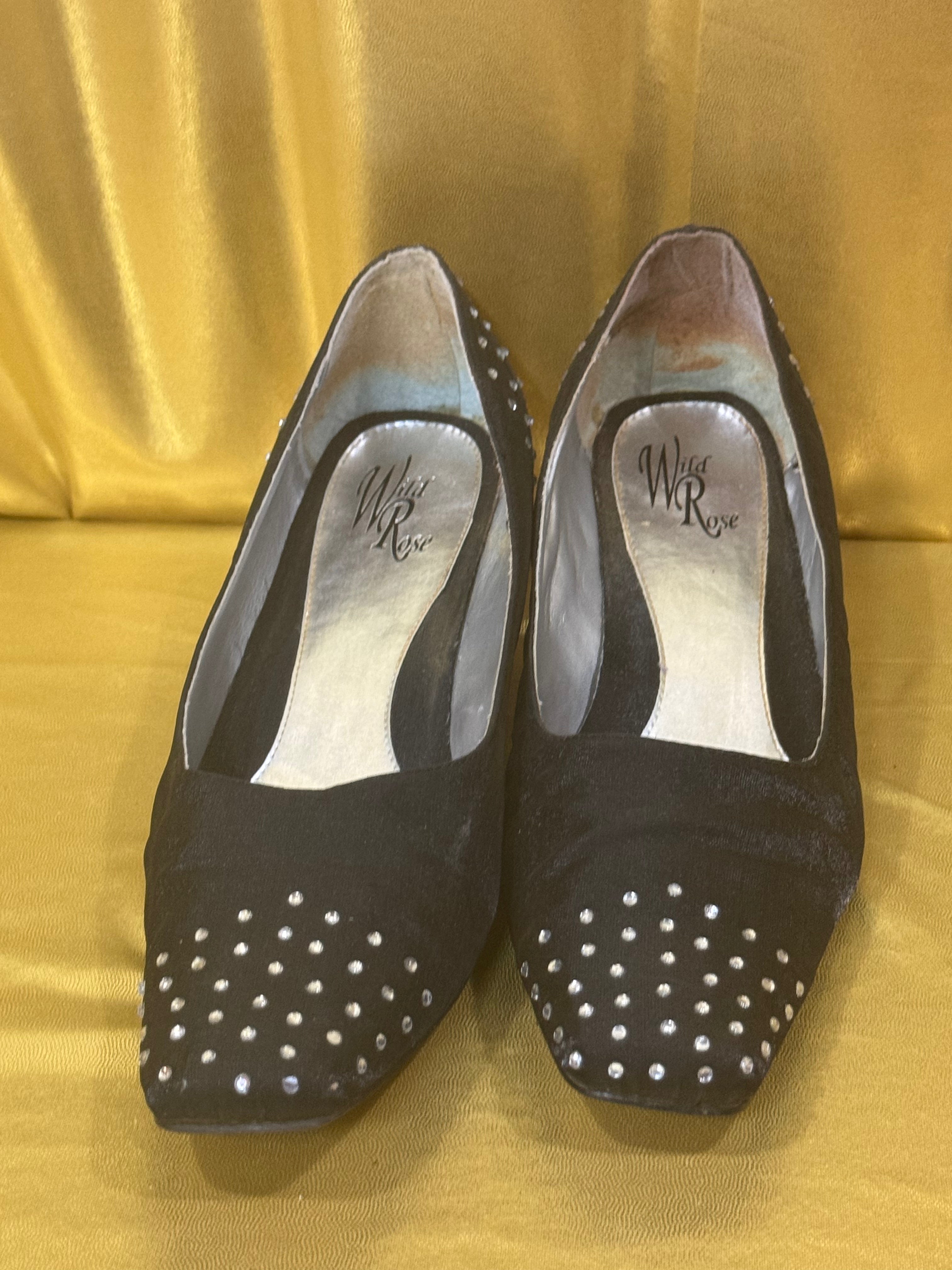 Wild Rose Black Satin Rhinestone Studded Block Heel Pumps Size 11