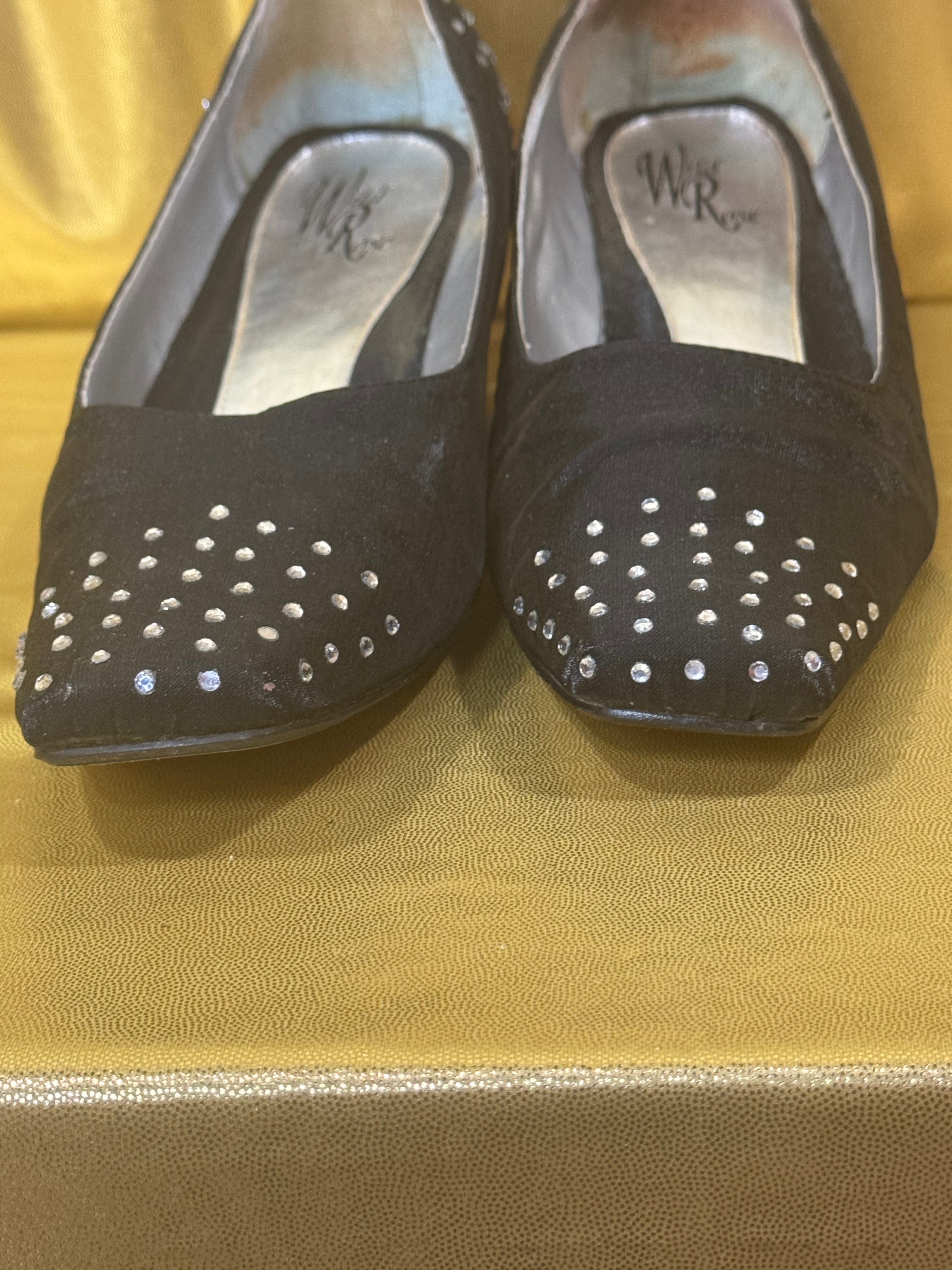 Wild Rose Black Satin Rhinestone Studded Block Heel Pumps Size 11