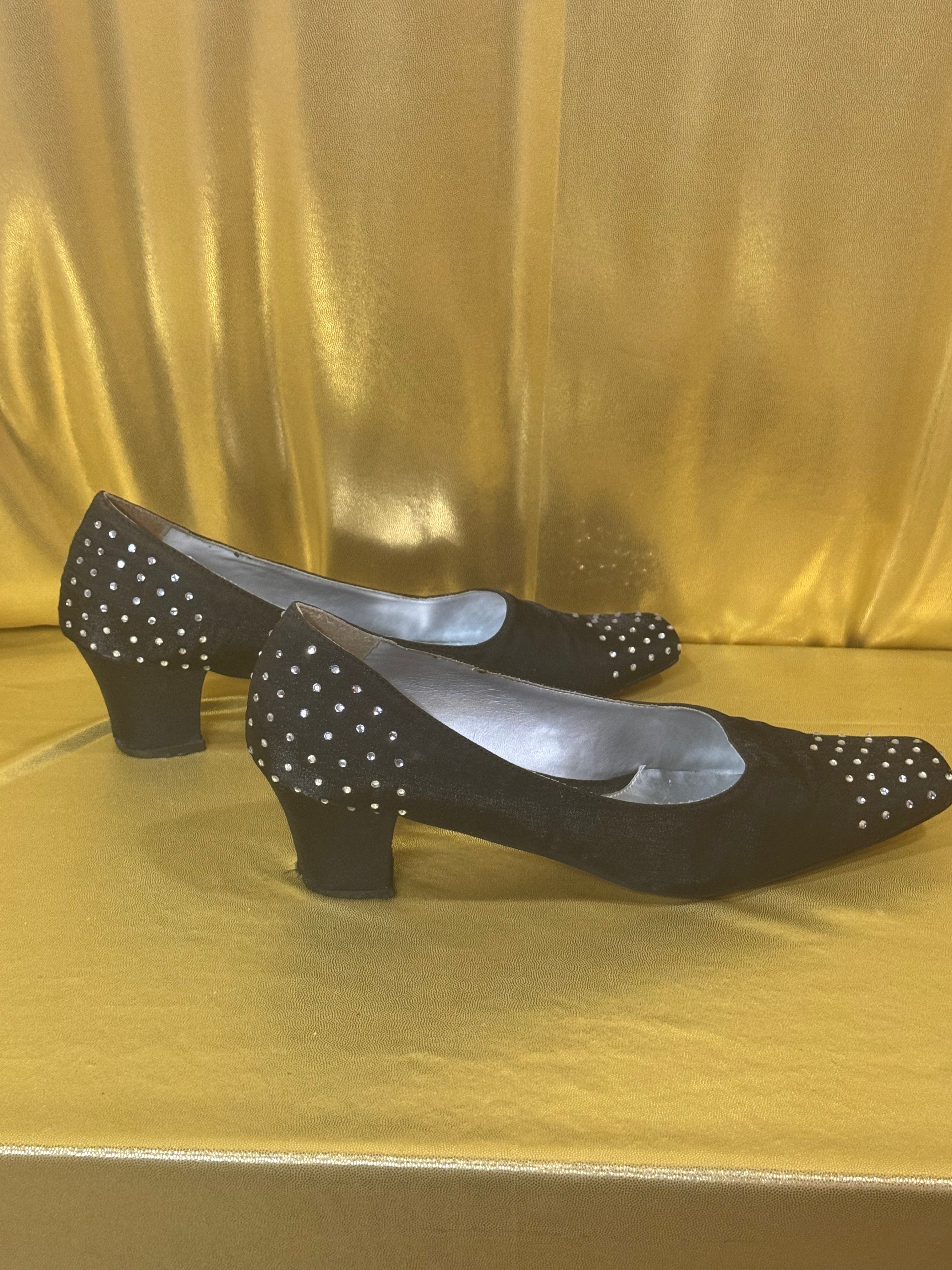 Wild Rose Black Satin Rhinestone Studded Block Heel Pumps Size 11