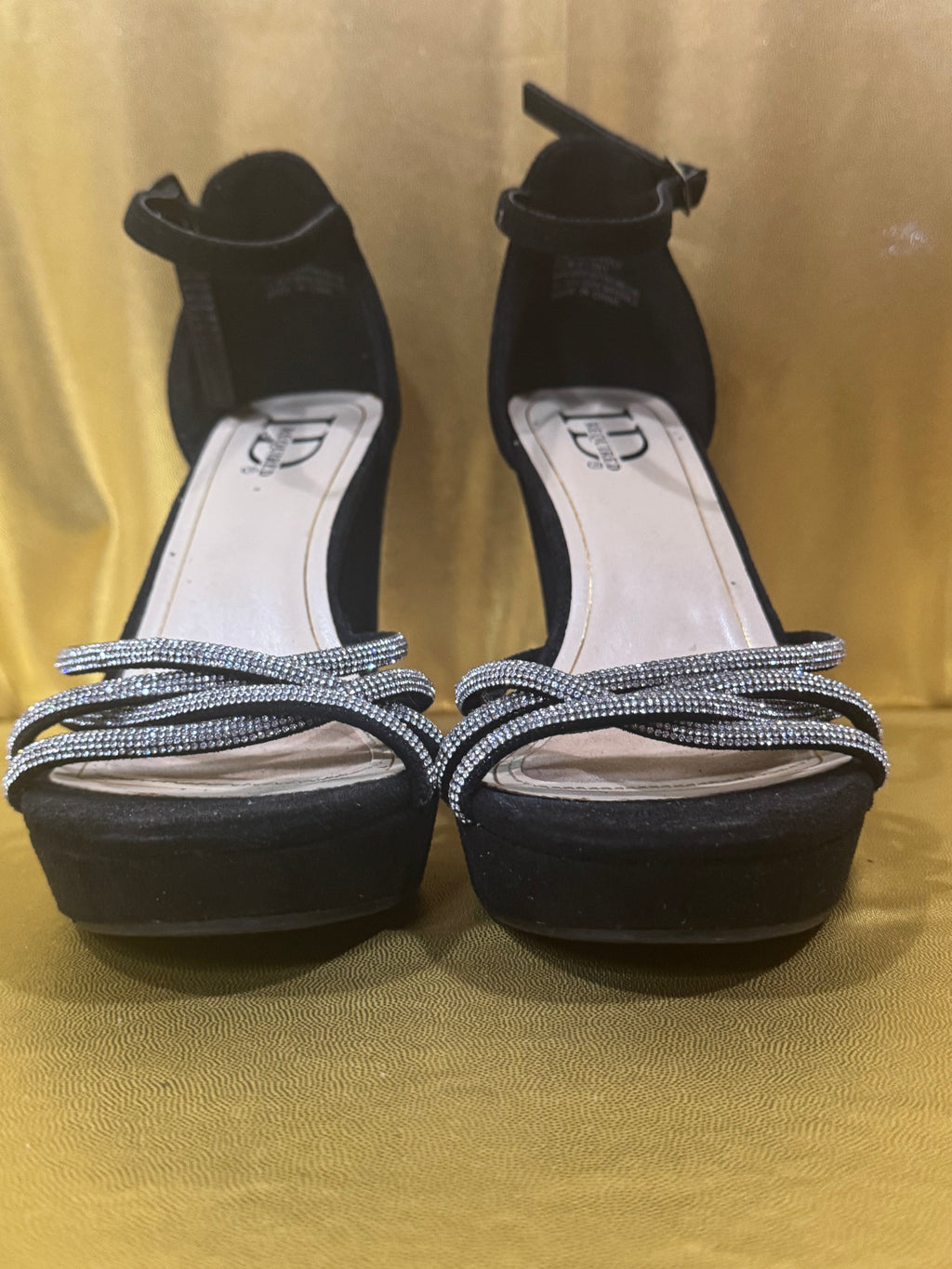 ✨ I.D. Required "Lively" Black Rhinestone Strappy Block Heels – Size 6.5