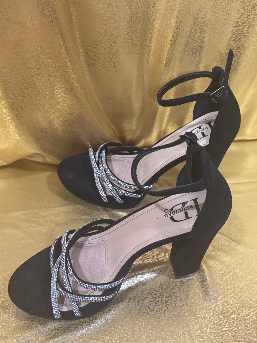 ✨ I.D. Required "Lively" Black Rhinestone Strappy Block Heels – Size 6.5