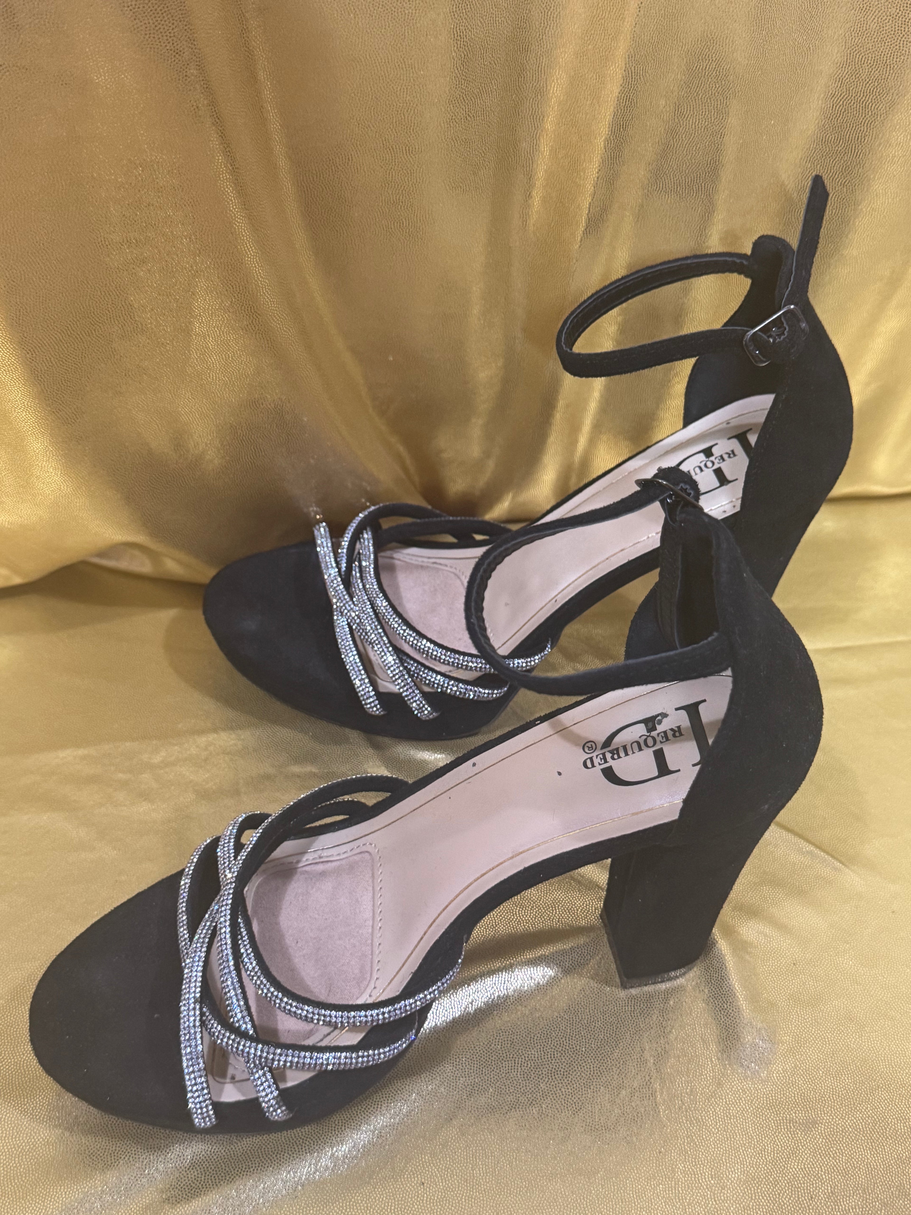 ✨ I.D. Required "Lively" Black Rhinestone Strappy Block Heels – Size 6.5