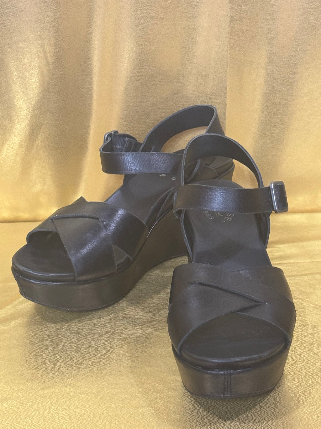 Kork-Ease Ava 2.0 Black Leather Platform Wedge Sandals - Size 6