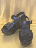 Kork-Ease Ava 2.0 Black Leather Platform Wedge Sandals - Size 6
