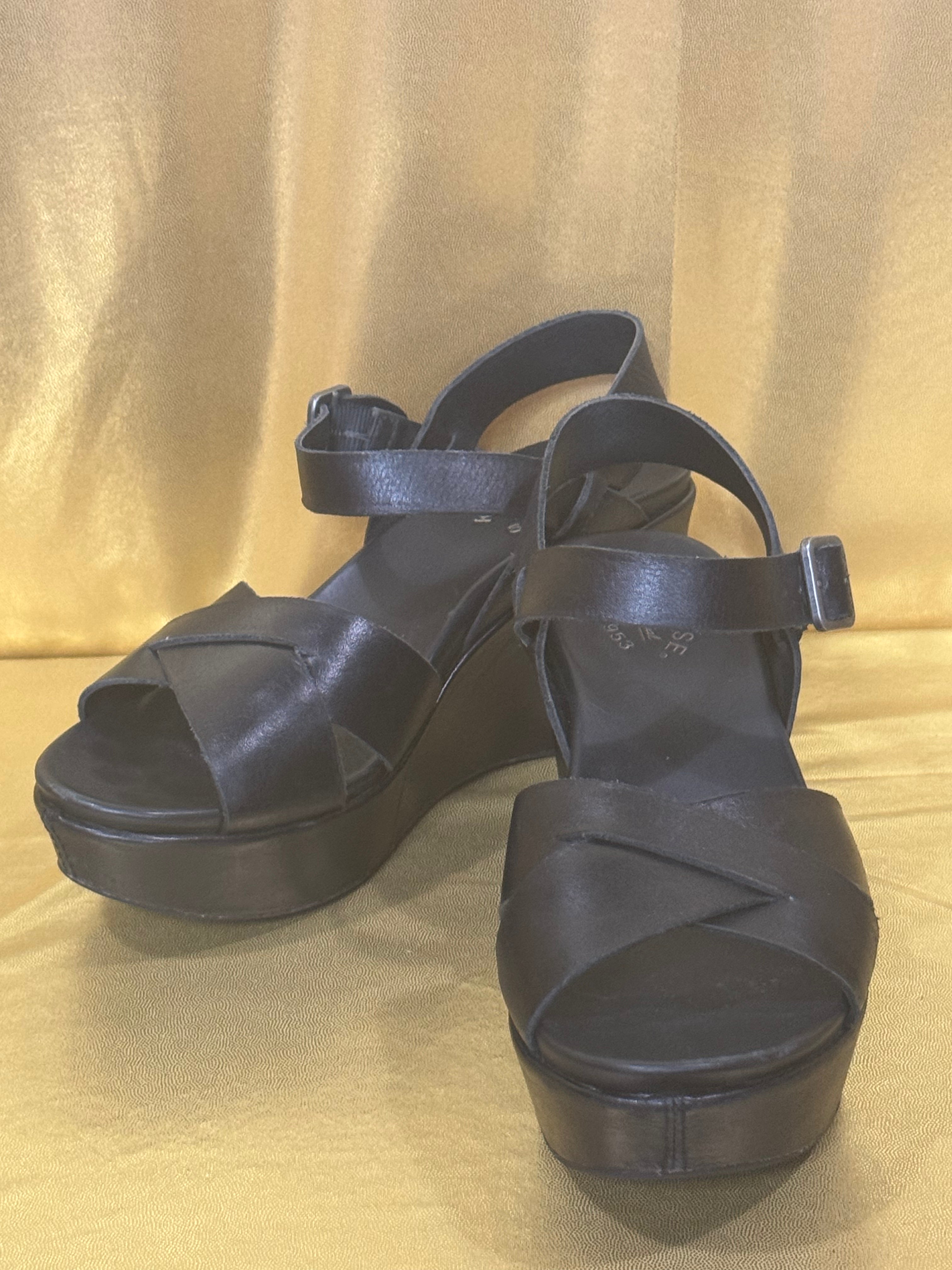 Kork-Ease Ava 2.0 Black Leather Platform Wedge Sandals - Size 6
