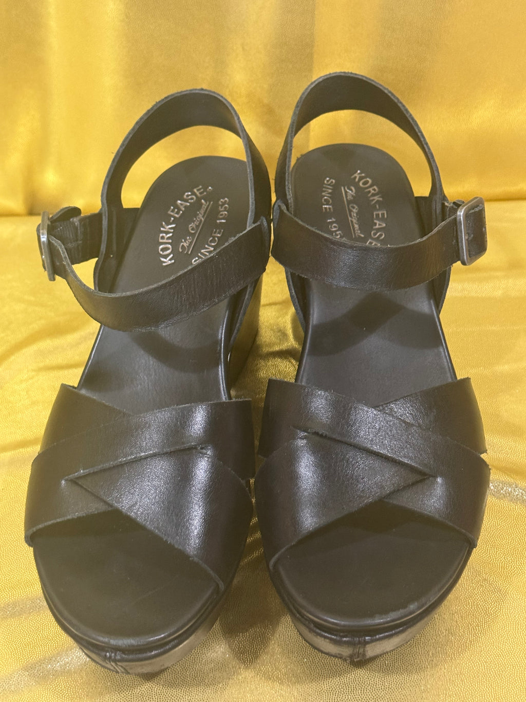 Kork-Ease Ava 2.0 Black Leather Platform Wedge Sandals - Size 6