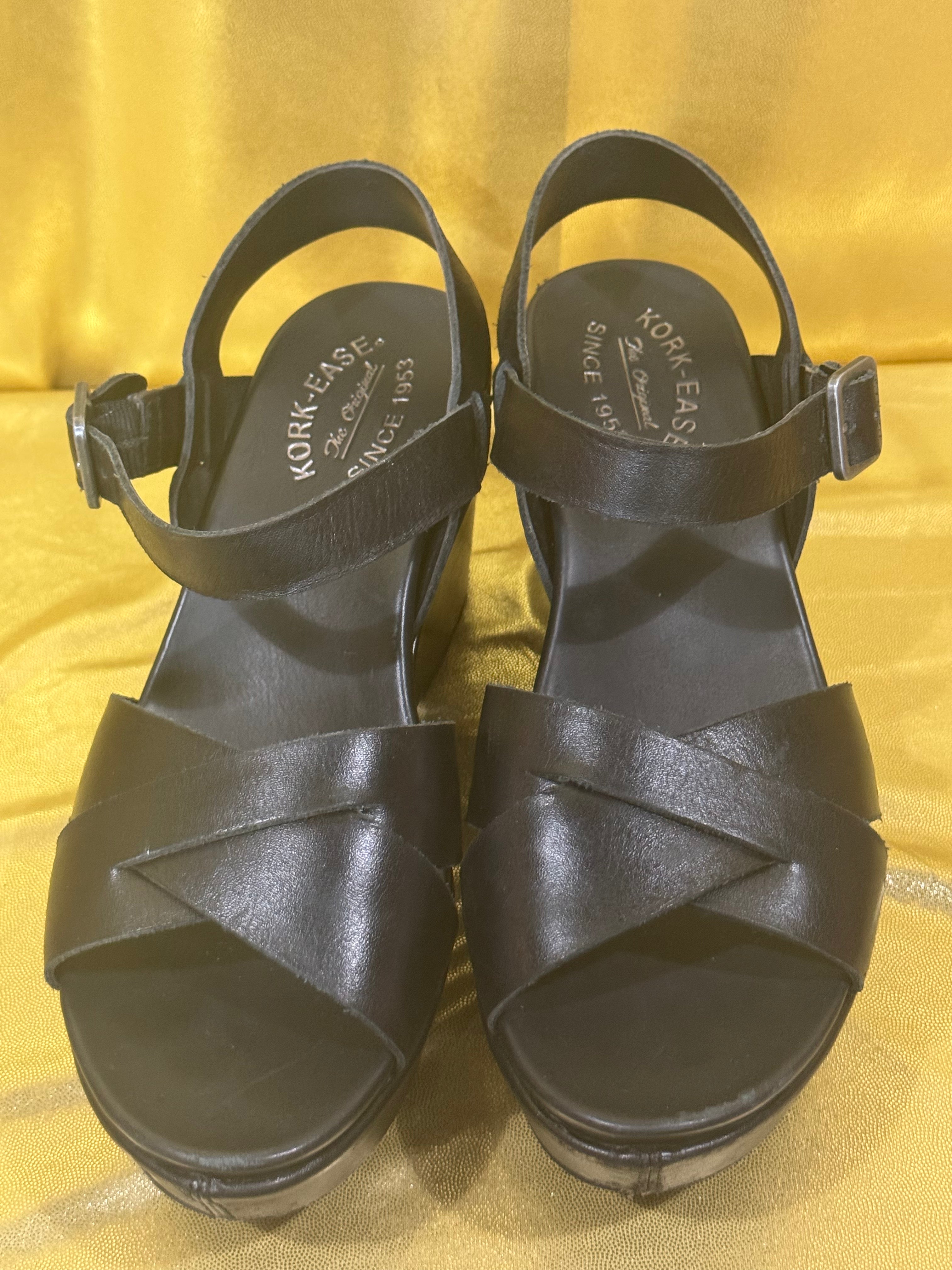 Kork-Ease Ava 2.0 Black Leather Platform Wedge Sandals - Size 6