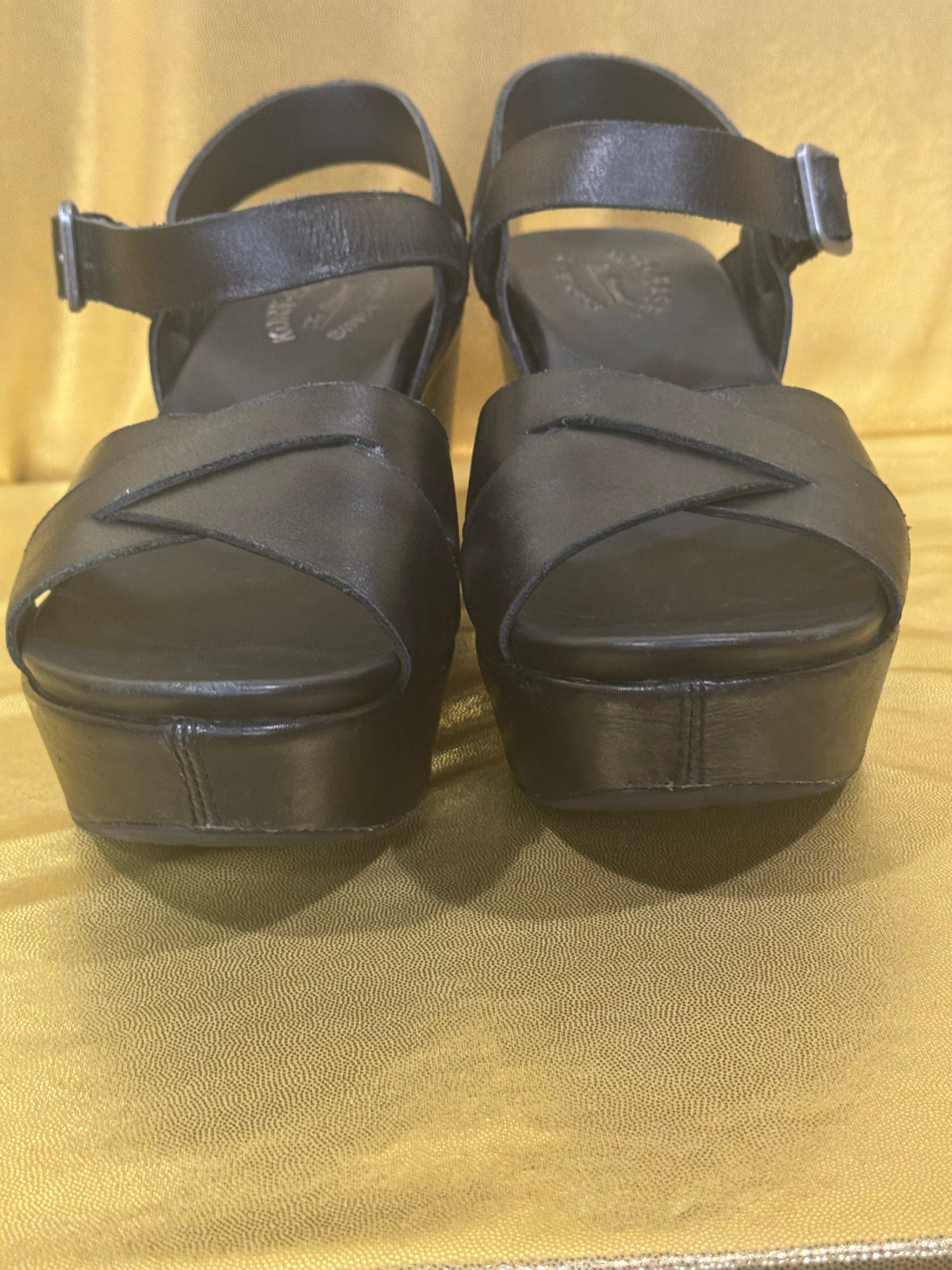 Kork-Ease Ava 2.0 Black Leather Platform Wedge Sandals - Size 6
