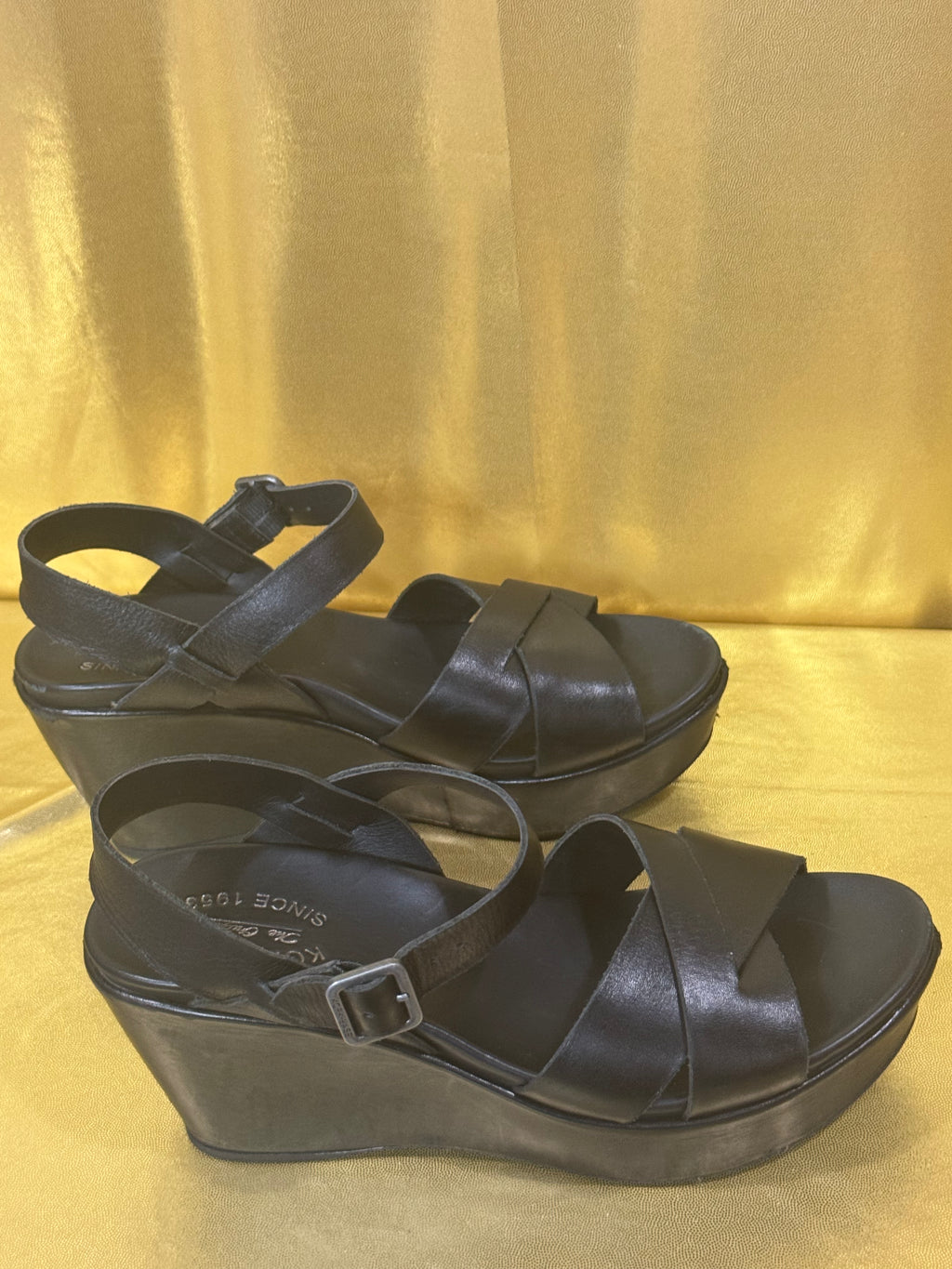 Kork-Ease Ava 2.0 Black Leather Platform Wedge Sandals - Size 6