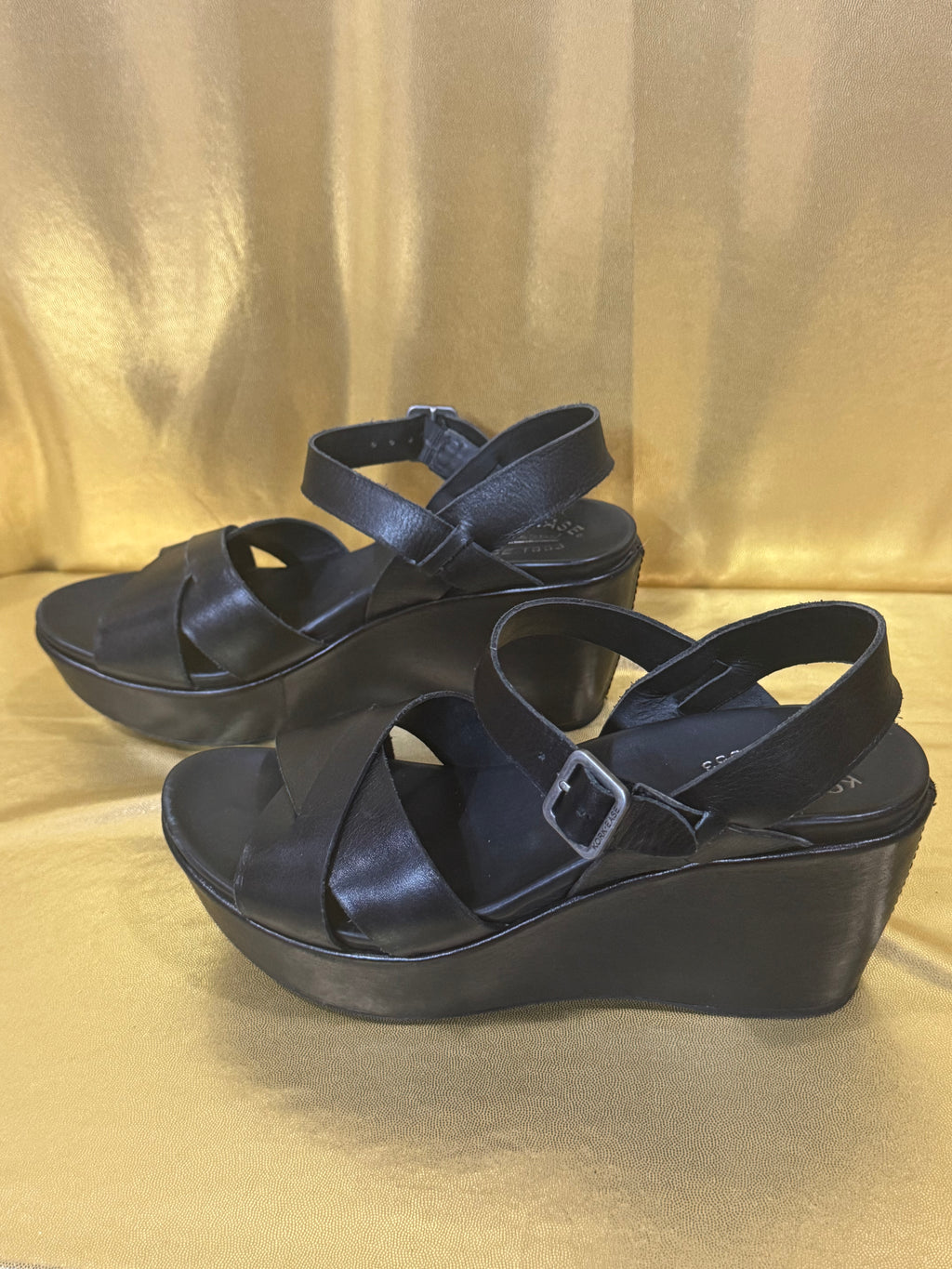 Kork-Ease Ava 2.0 Black Leather Platform Wedge Sandals - Size 6