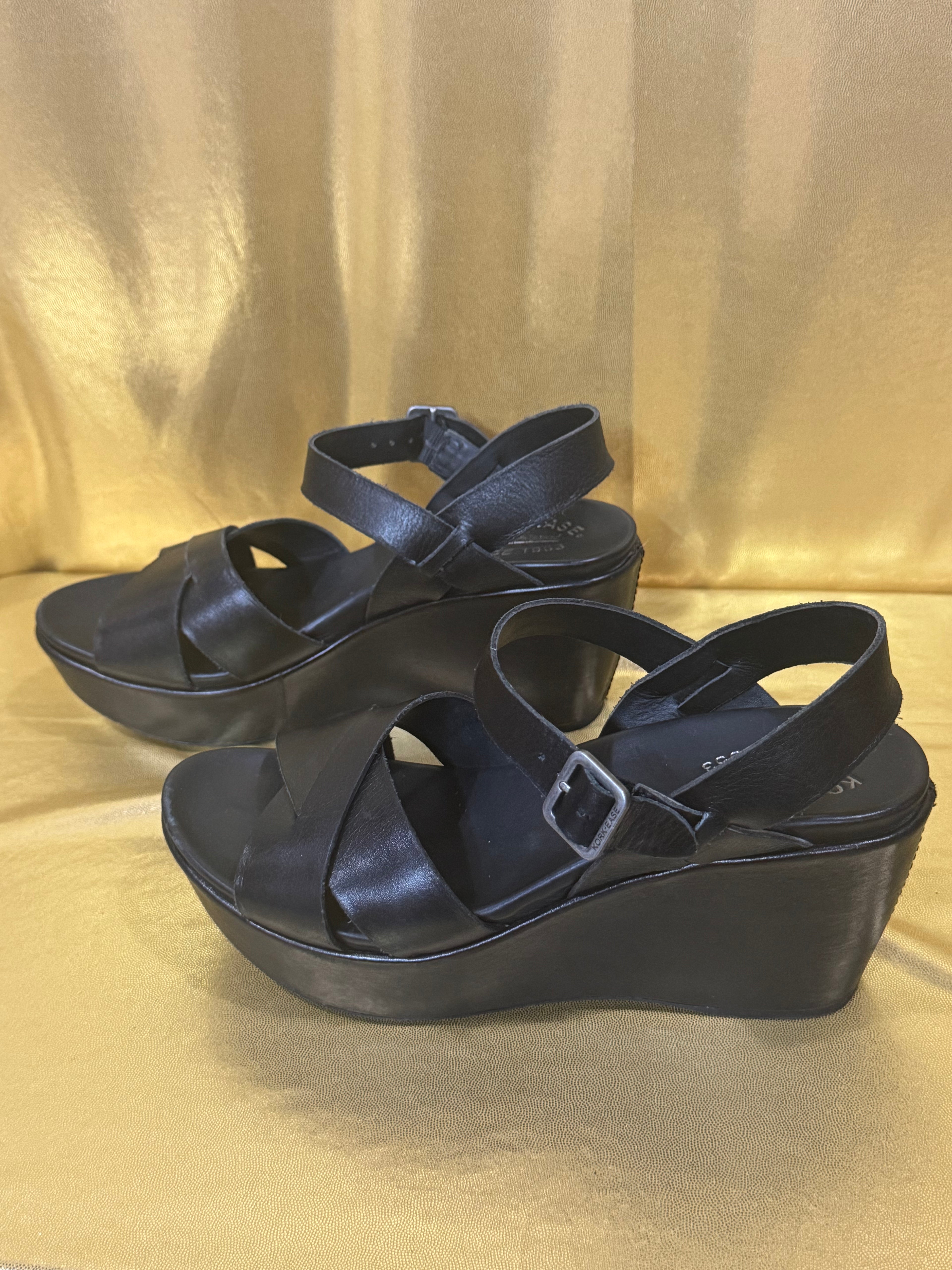 Kork-Ease Ava 2.0 Black Leather Platform Wedge Sandals - Size 6