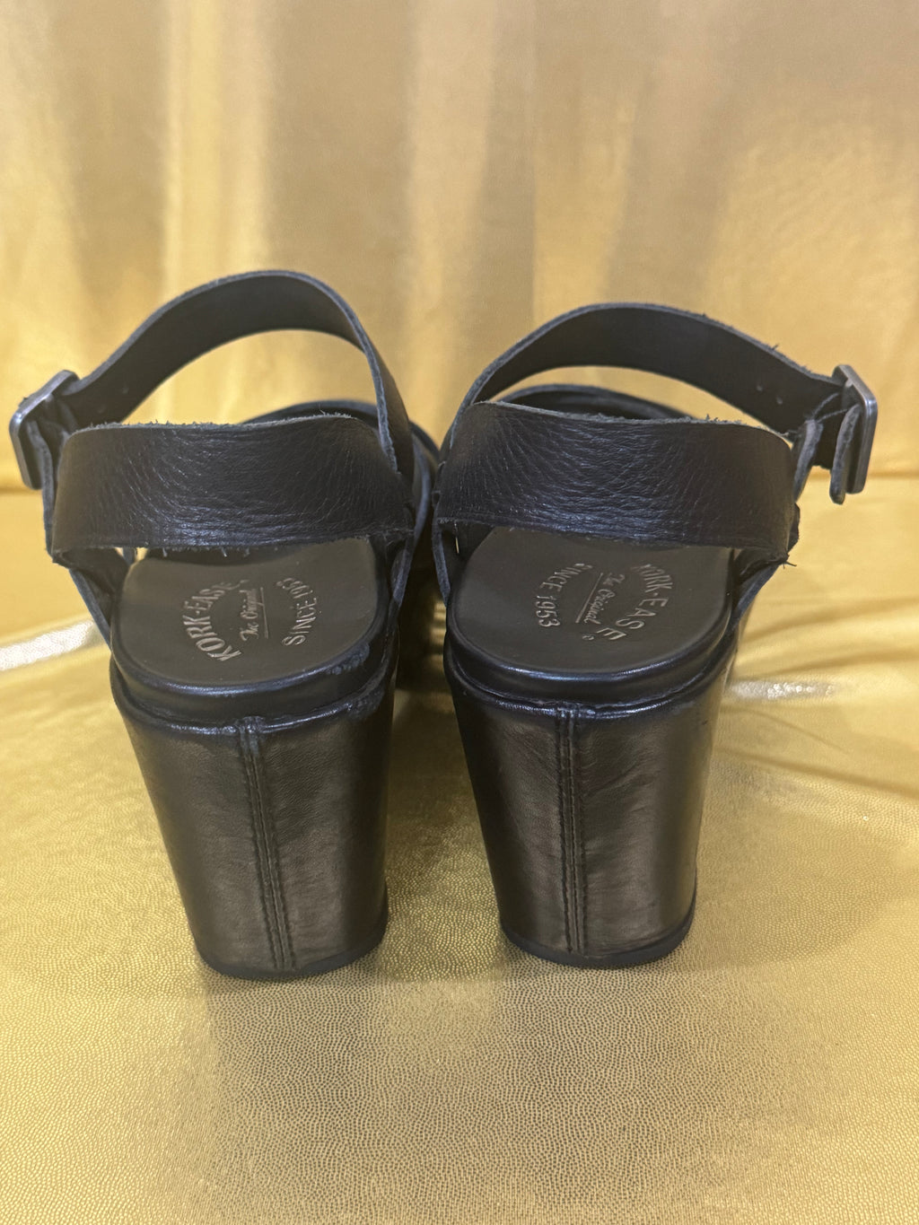 Kork-Ease Ava 2.0 Black Leather Platform Wedge Sandals - Size 6