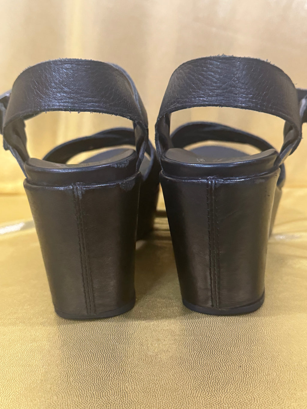 Kork-Ease Ava 2.0 Black Leather Platform Wedge Sandals - Size 6